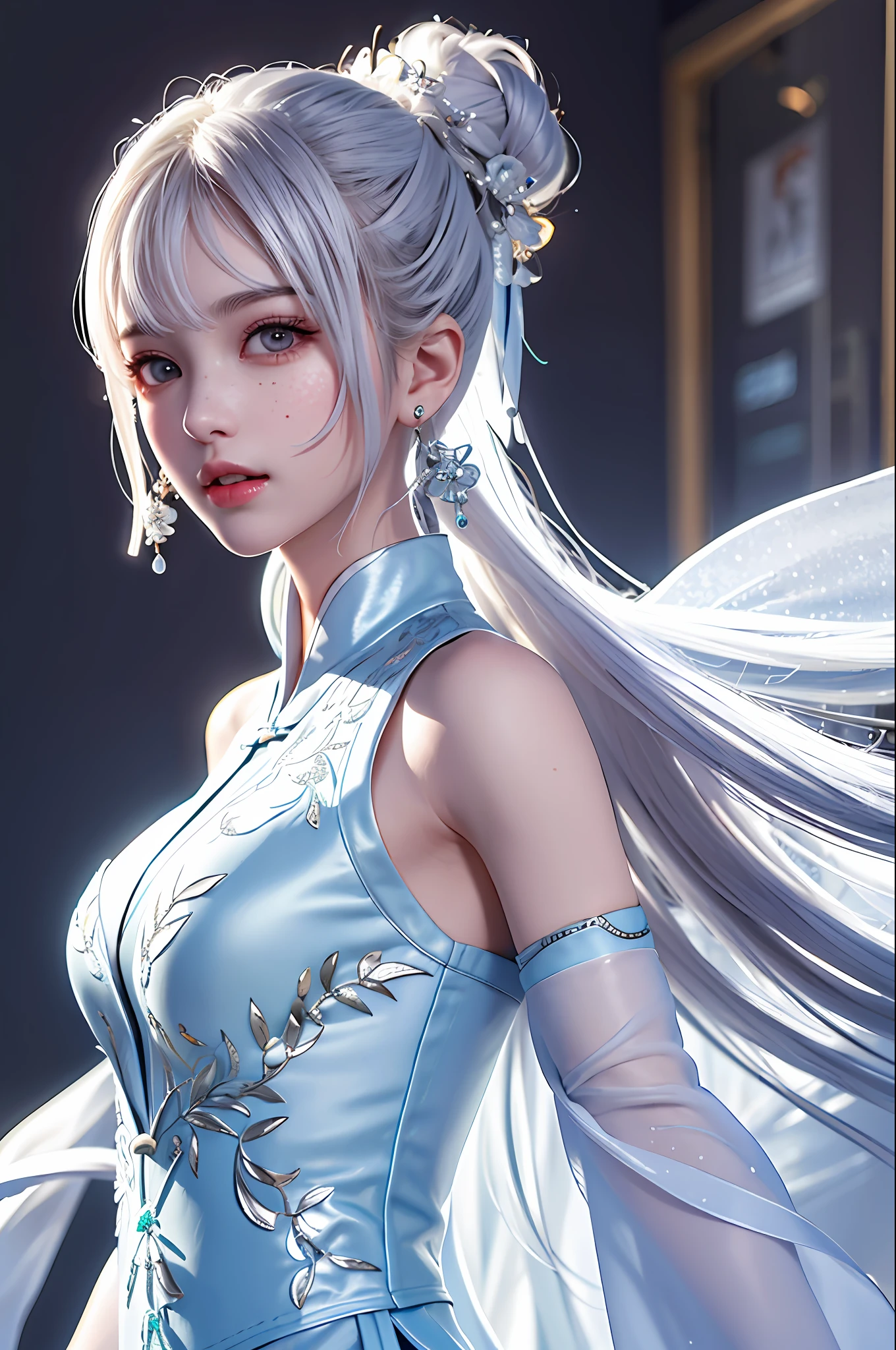 (Best Quality, Masterpiece: 1.2), Ultra High Resolution, Realistic, Front Lighting, Intricate Details, Delicate Details and Textures, 1girl, Solo, (Young), Facial Highlight, Upper Body, Detail Face, Tear Mole, Freckles, White Skin, Silver Hair, High Ponytail, Looking at the Audience, Big Eyes, Silk Hanfu, (Openwork Pattern, White, Silk), Earrings, Small Tits, Slim Figure, Chang'an Avenue, Professional Lighting, Photon Mapping, Light Energy Transfer, Physically Based Rendering,