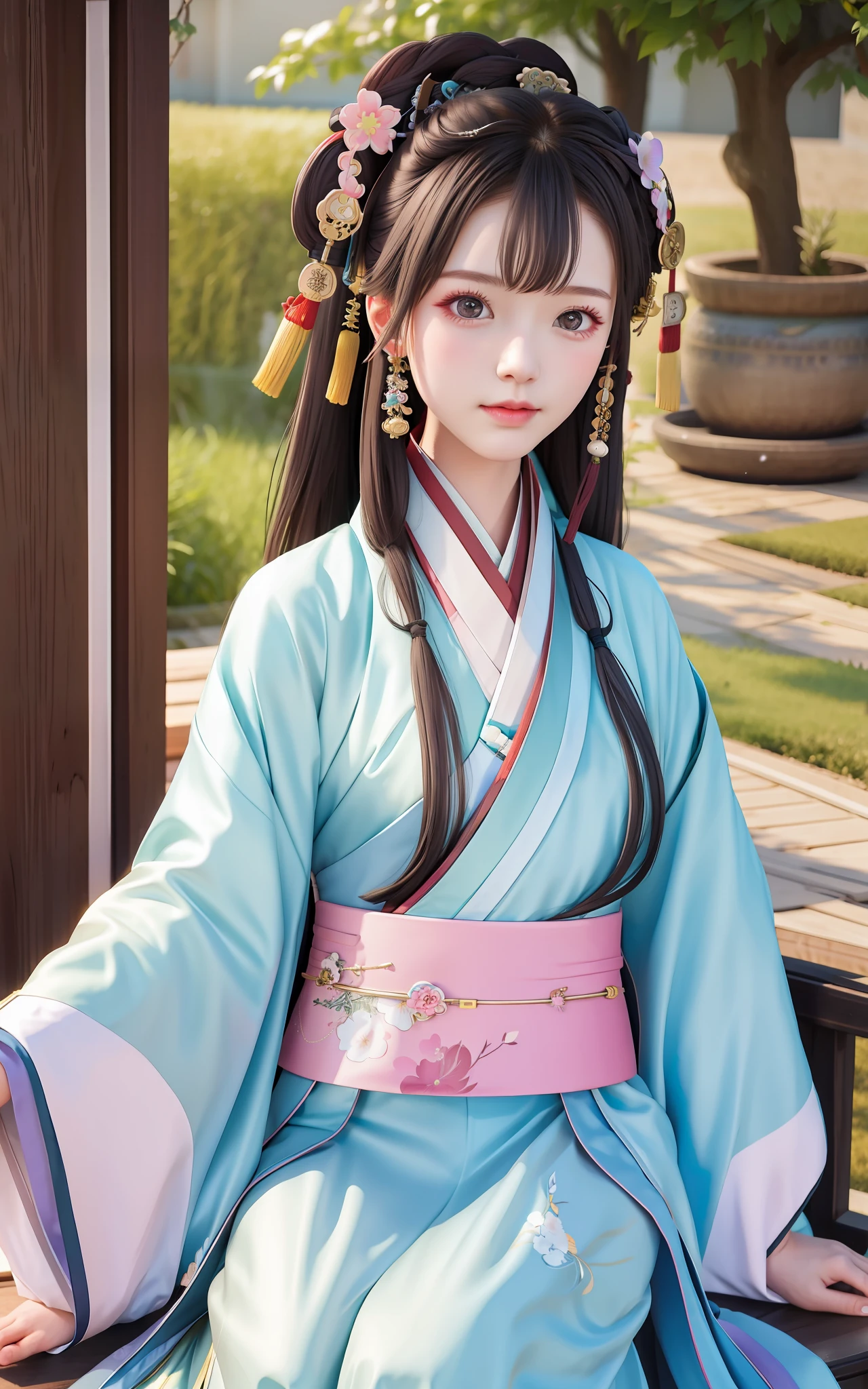 (High resolution, realistic style, Hanfu girl.)