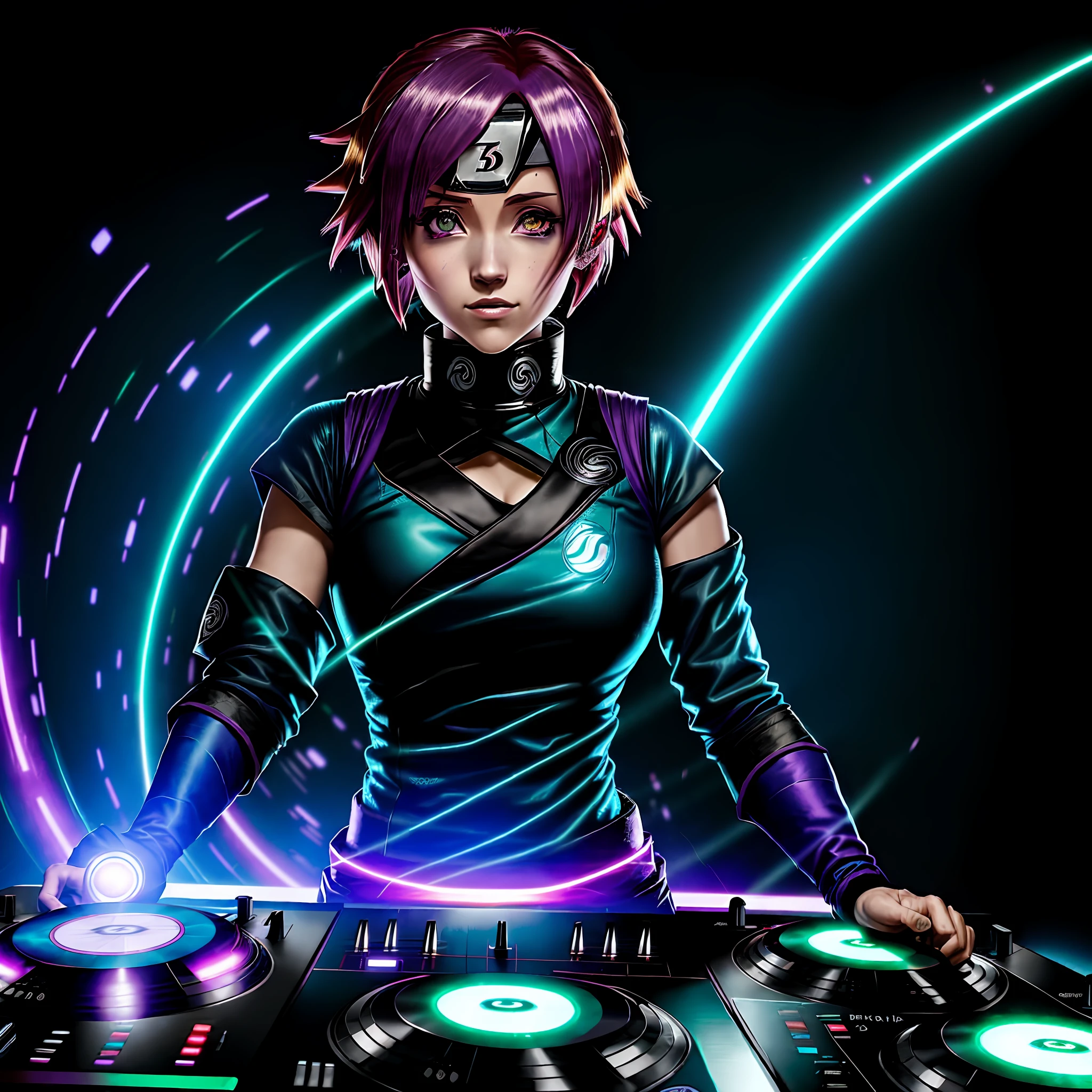 ((Konan from Naruto,)) ((playing DJ)),((DJ Mixer)), ((disco)), Rose purple on hair, Short Haircut, glowing eyes, gold eyes, happy, drooling, glowing light, motion lines, move chart, ((Wide-Angle)) cowboy shot, super detail, textured skin, high details