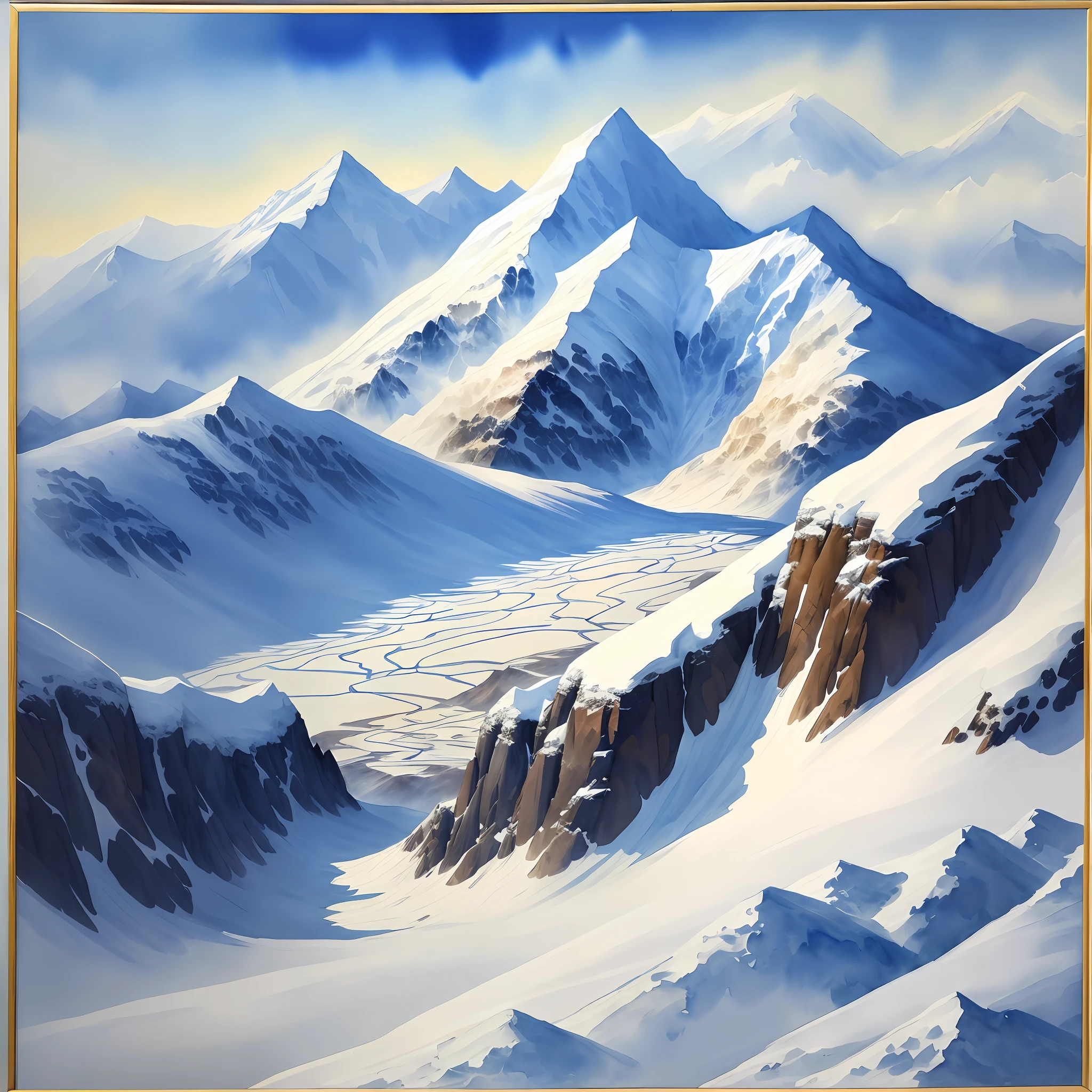 Landscape of mountains with snow, watercolor painting