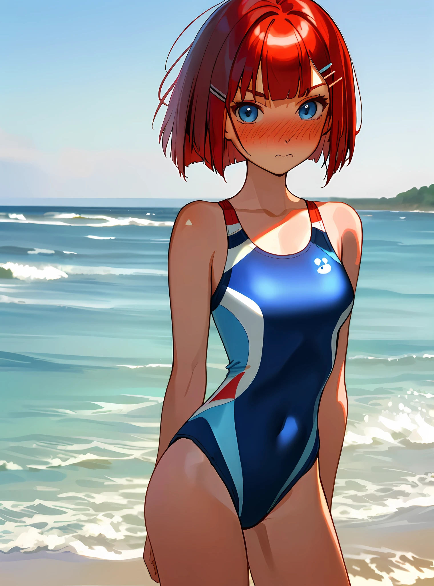 masterpiece, (best quality:1.4), detailed, girl, (solo), (red hair:1.2), (bob cut:1.2), (blue eyes:1.2), (nose blush:1.2), (standing:1.4), hairclip, cowboy shot,  (one-piece swimsuit:1.0), (competition swimsuit:1.2), collarbone, bare arms, detailed eyes, highres, outdoor, (sky:1.3), beach, water, high details, (staring at viewer:1.2)