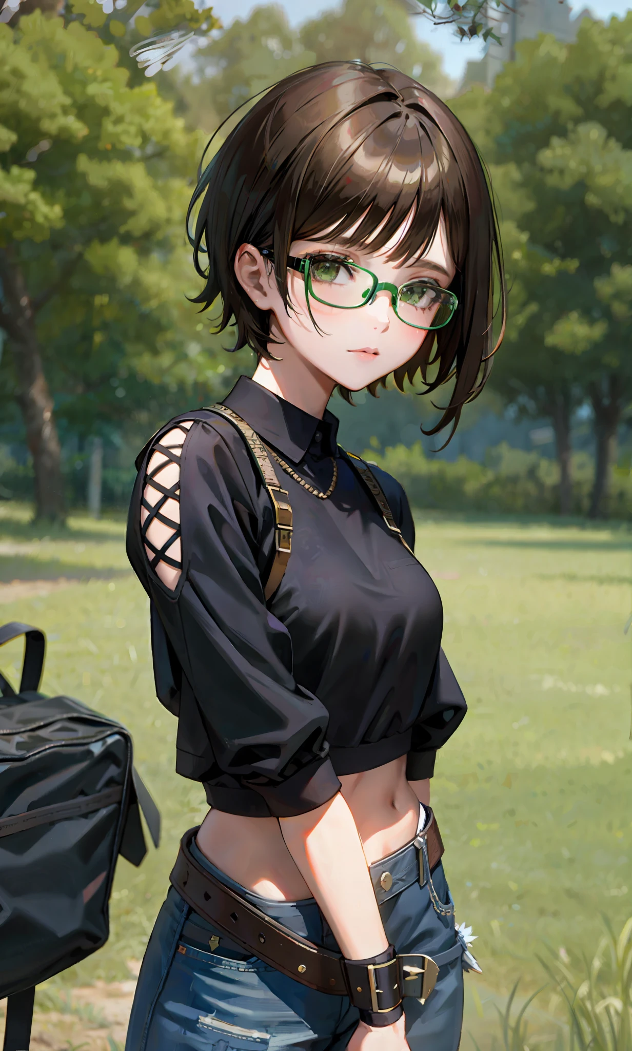 punk girl wearing glasses and nu-goth clothes, blurred green grass and trees in the background, short brown hair, detailed face, high quality, high resolution