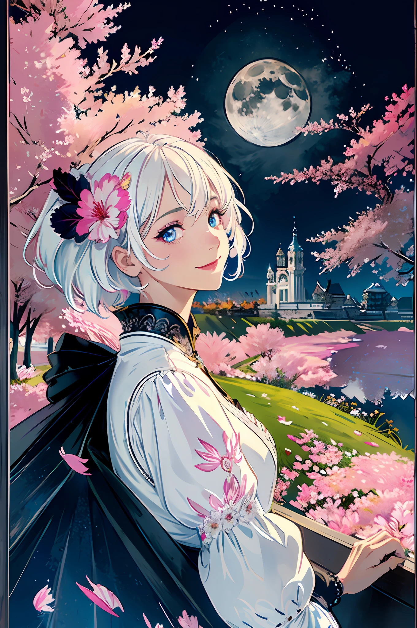 masterpiece, best quality, 1girl, (colorful),(finely detailed beautiful eyes and detailed face),cinematic lighting,bust shot,extremely detailed CG unity 8k wallpaper,white hair,solo,smile,intricate skirt,((flying petal)),(Flowery meadow) sky, cloudy_sky, building, moonlight, moon, night, (dark theme:1.3), light, fantasy,