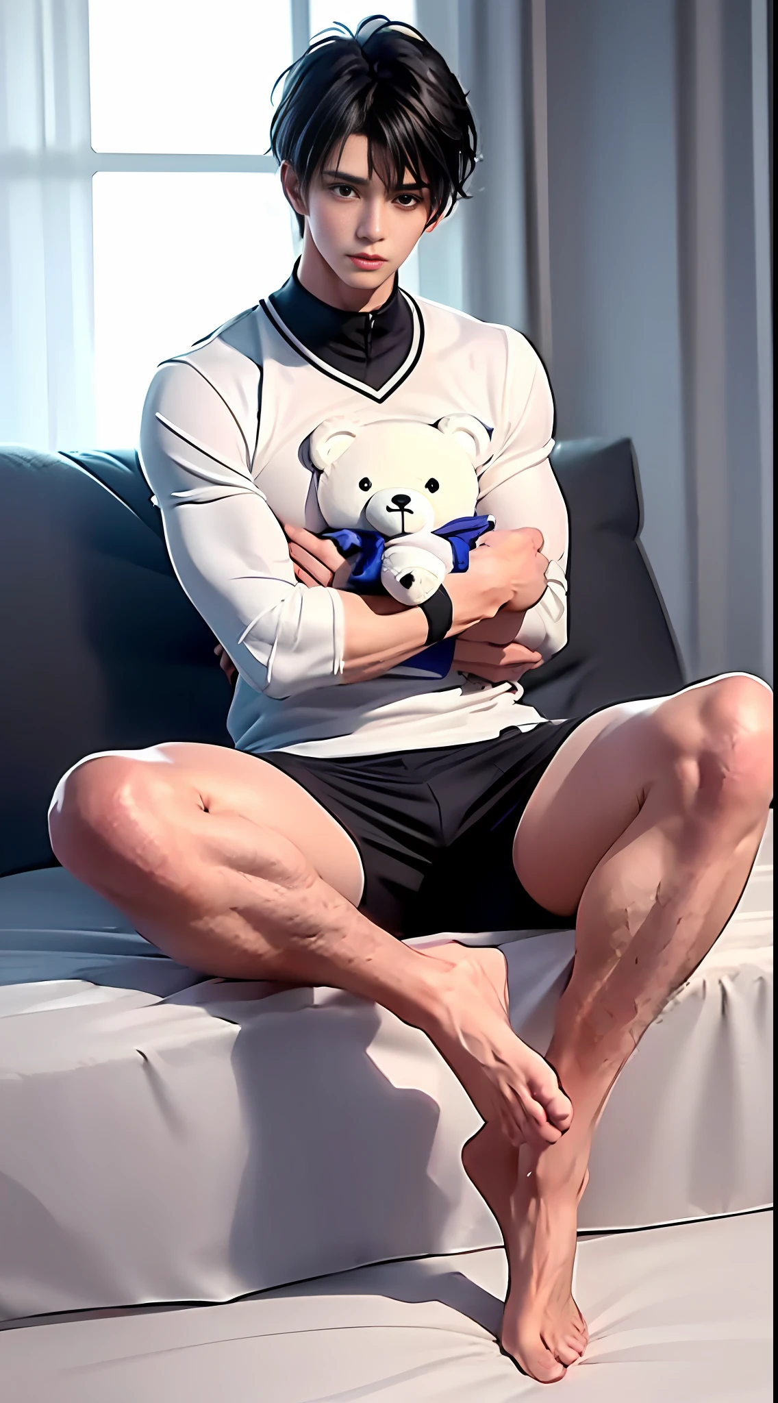 (panorama: 2), (distance: 3), 20% of the proportion of the figure in the picture area, indoors, (full body: 3), (tall: 2), (long legs: 5), slender limbs, only one person, black hair, detailed and delicate and handsome facial features, big eyes, (Wang Junkai: 2), broad shoulders and narrow waist, eight-pack abs, wearing basketball uniform, slender feet, no shoes, no shoes, medium socks, sitting on the bed, (holding a teddy bear: 2), realism, exquisite details, the best quality, Stunning masterpiece, CG, emphasizes muscle structure, highlights muscle shapes and contours, is at eye level, and faces the camera