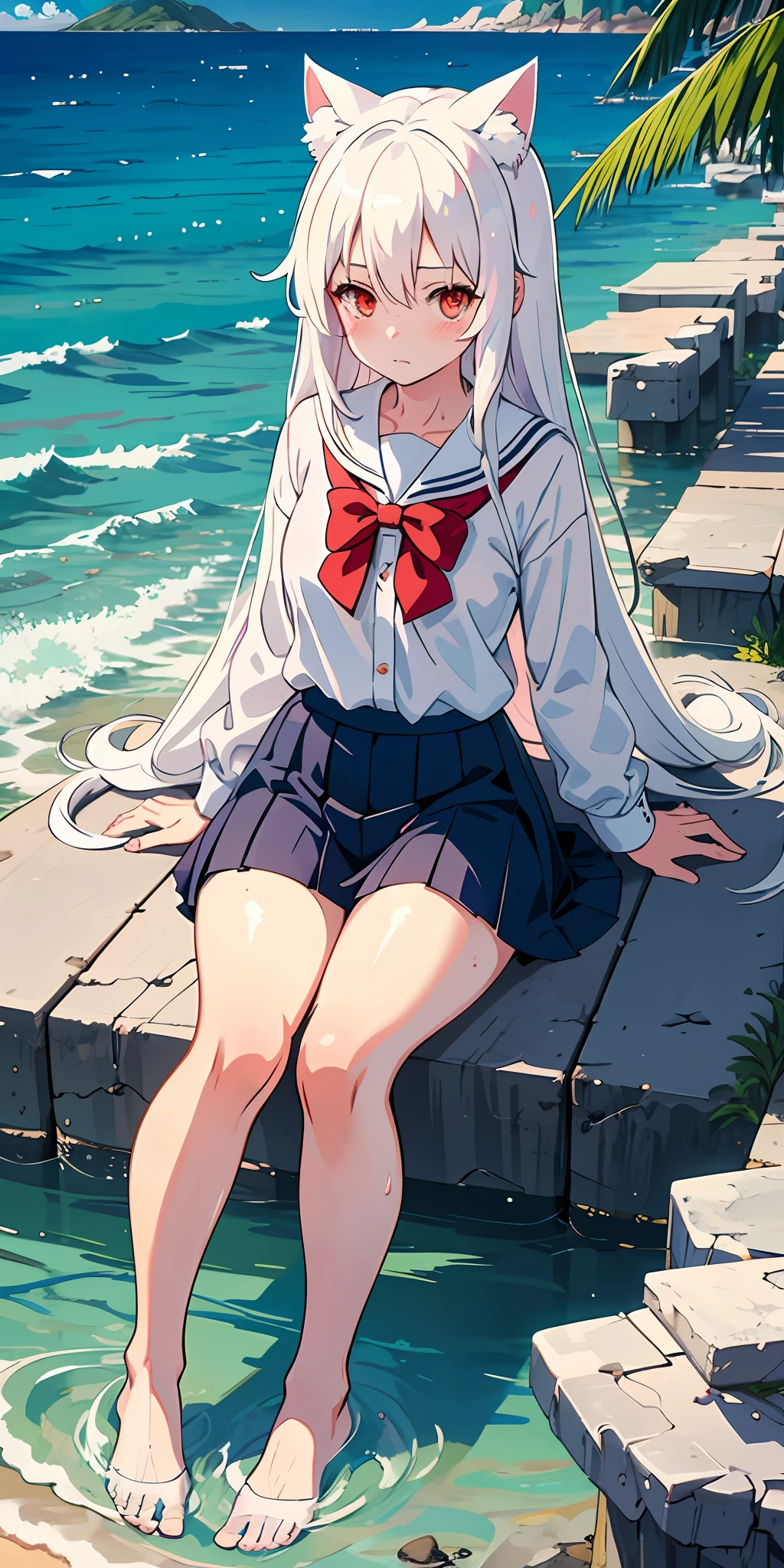 Anime girl with white hair and cat ears, red eyes, shy blush, wet school uniform, transparent cloth, water, seaside, beach, sunny, bare legs, sit