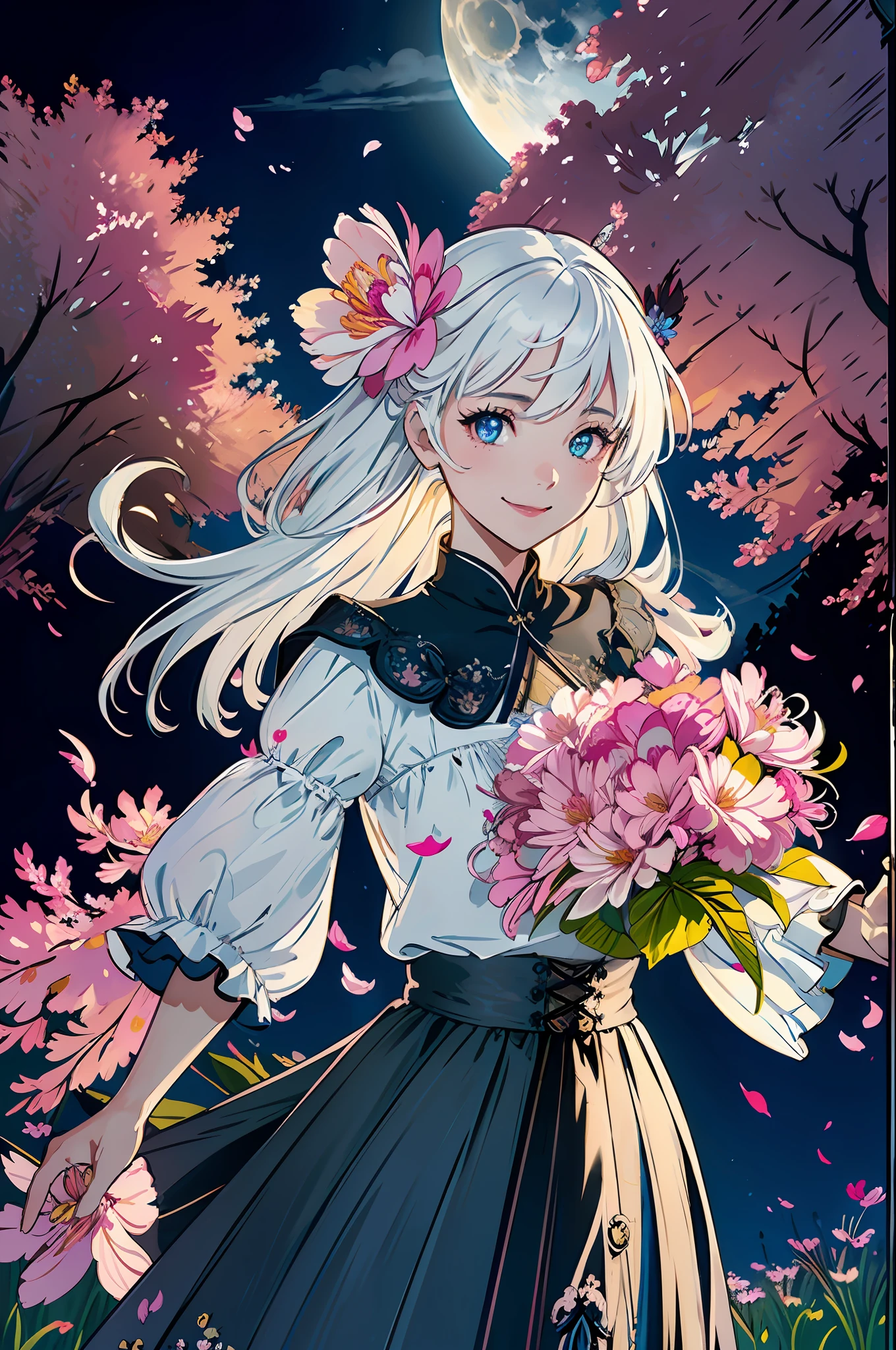 masterpiece, best quality, 1girl, (colorful),(finely detailed beautiful eyes and detailed face),cinematic lighting,bust shot,extremely detailed CG unity 8k wallpaper,white hair,solo,smile,intricate skirt,((flying petal)),(Flowery meadow) sky, cloudy_sky, building, moonlight, moon, night, (dark theme:1.3), light, fantasy,