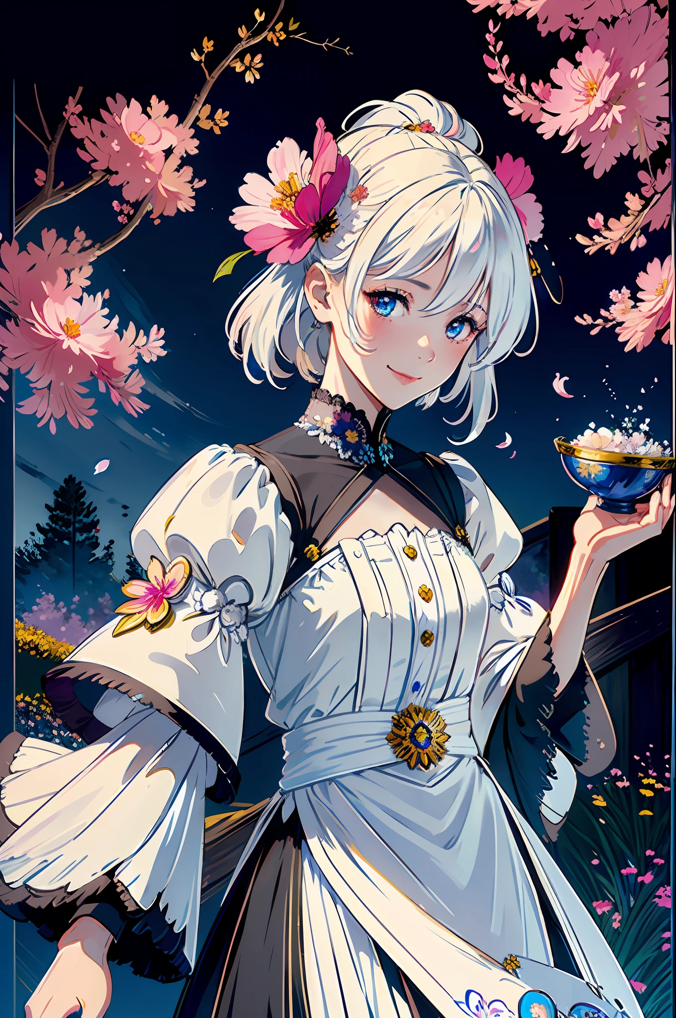 masterpiece, best quality, 1girl, (colorful),(finely detailed beautiful eyes and detailed face),cinematic lighting,bust shot,extremely detailed CG unity 8k wallpaper,white hair,solo,smile,intricate skirt,((flying petal)),(Flowery meadow) sky, cloudy_sky, building, moonlight, moon, night, (dark theme:1.3), light, fantasy,