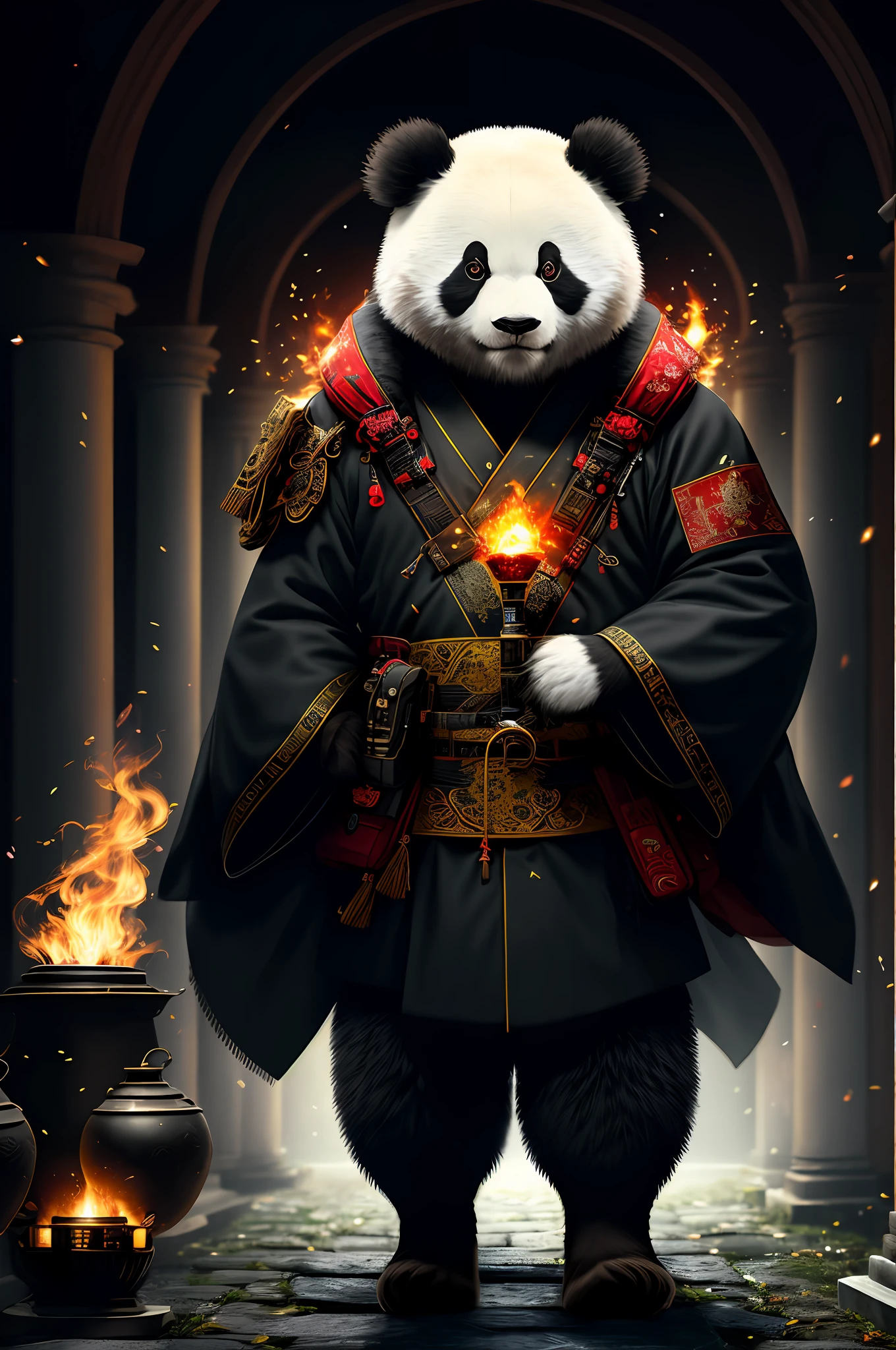 extremely detailed 8k wallpaper), intricate, richly detailed, dramatic, Panda bear with white kimono, ready for combat, Sinister face is drawn with only a pair of red eyes peeking underneath, graphics insanely, light is reflected in the ornaments, bright ashes ooze from the torches in the vaulted passage during the leisurely walk through the gloomy cathedral,  Show the whole person with some distance from the surroundings to get your own license.