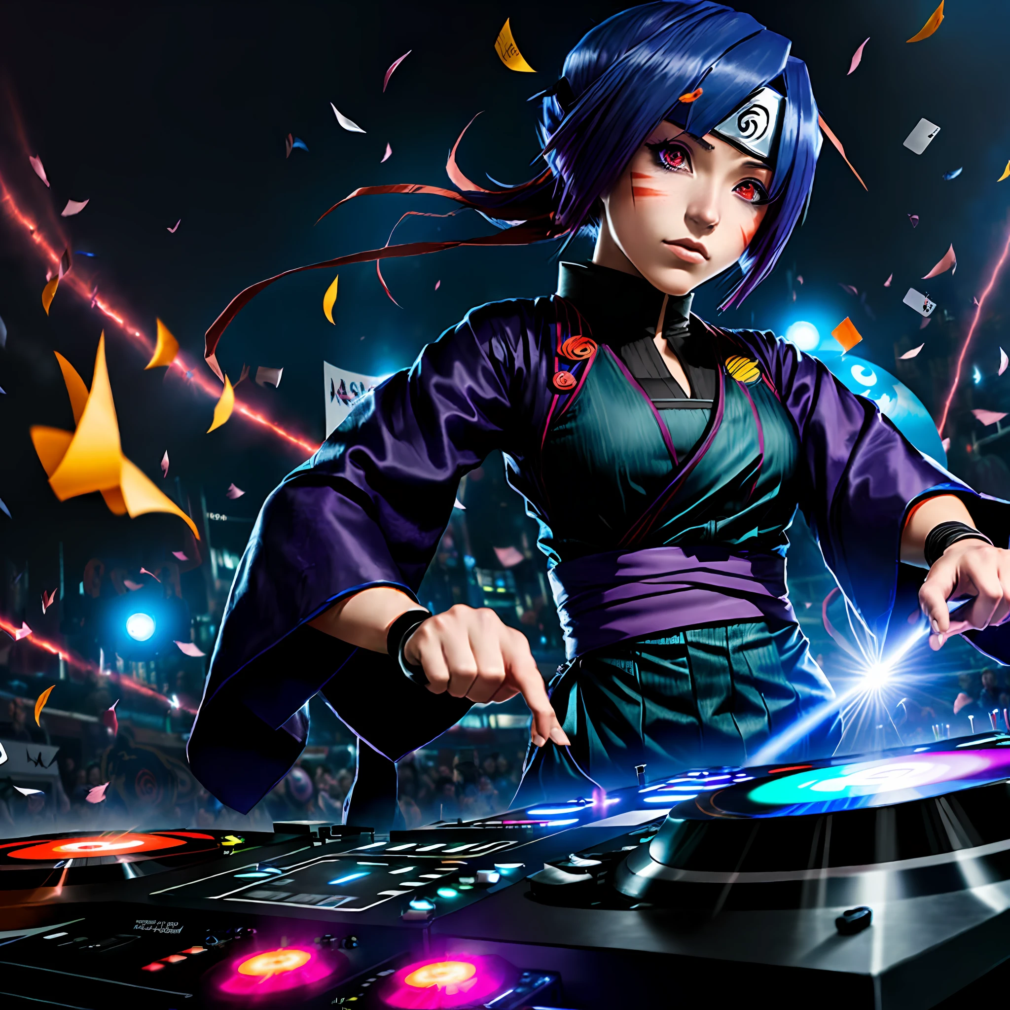 ((Konan from Naruto,)), ((akatsuki clothes)) ((more flying card)) ((playing DJ)),((DJ Mixer)),  ((disco)), Rose purple on hair, glowing eyes, Yellow eyes, happy, drooling, glowing light, ((Wide-Angle)) cowboy shot, super detail, textured skin, high details