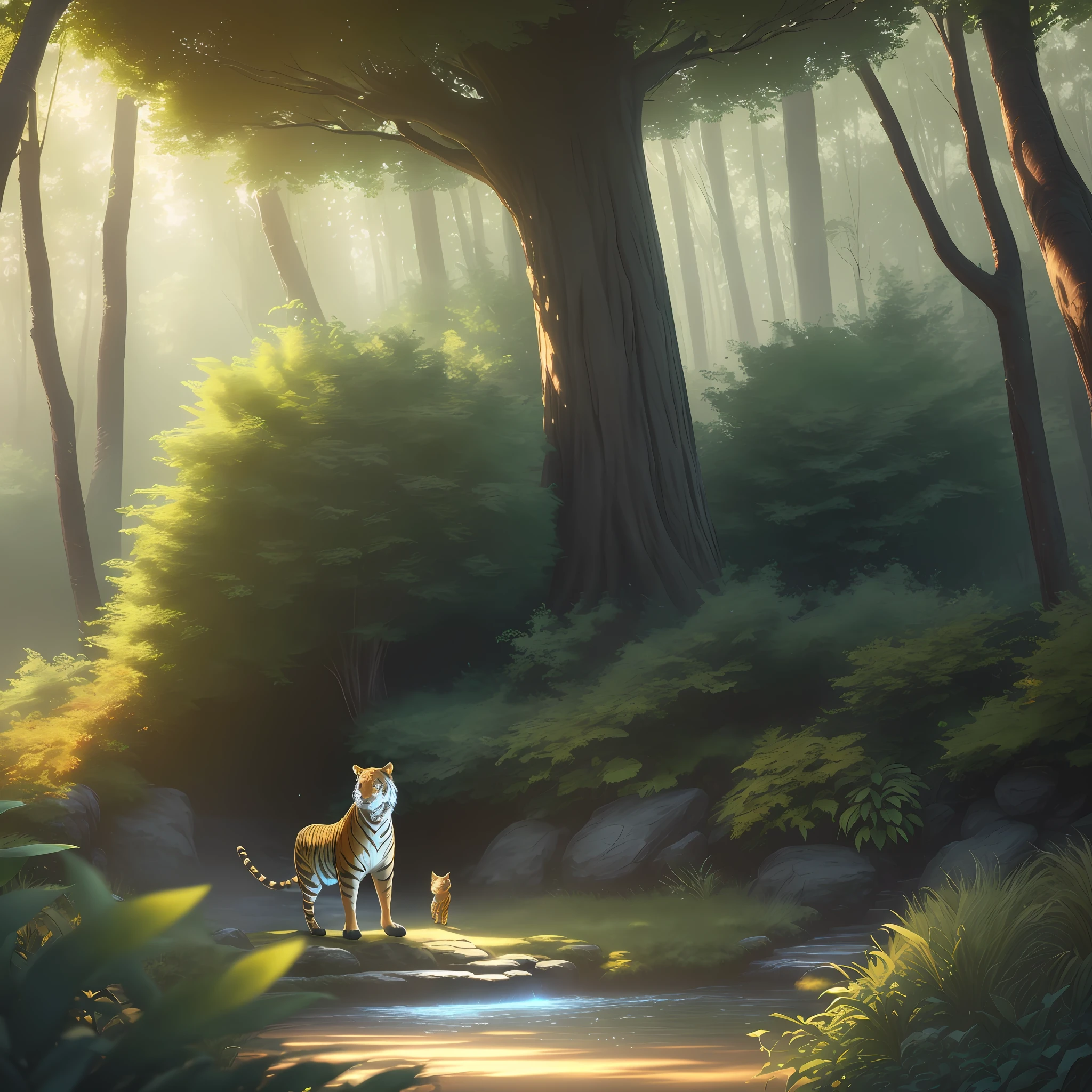 Masterpiece, best quality, (very detailed CG unified 8k wallpaper), (best quality), (best illustration), (best shadow), glowing tiger, with a glowing tiger, hunting deer beside the pool, natural elements in forest theme. Mysterious forest, beautiful forest, nature, surrounded by flowers, delicate leaves and branches surrounded by fireflies (natural elements), (jungle theme), (leaves), (branches), (fireflies), (particle effects) and other 3D, Octane rendering, ray tracing, super detailed