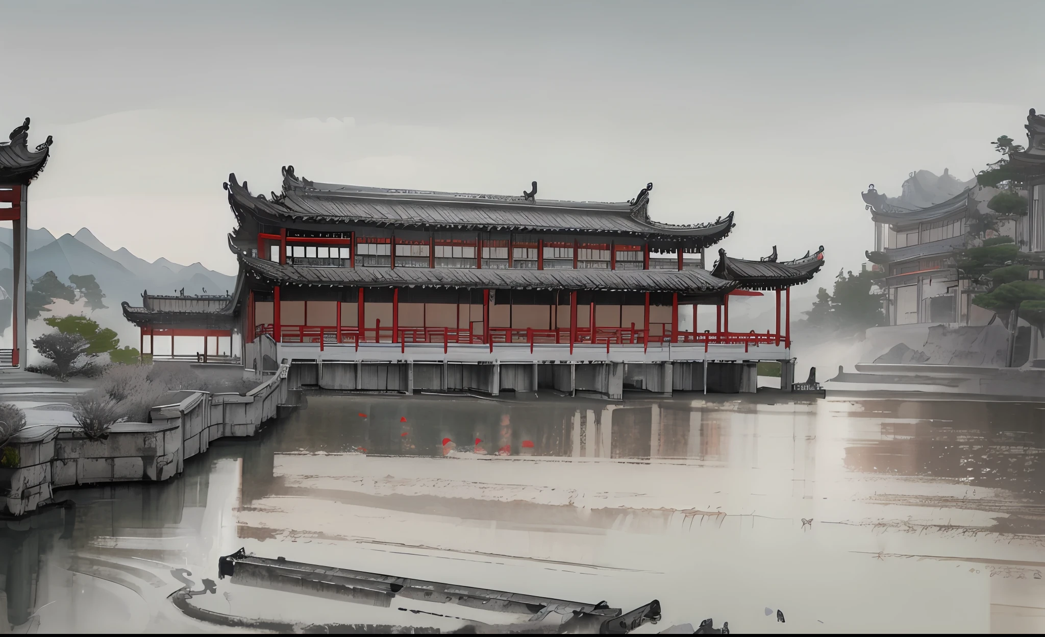 winter, moon, chinese garden, landscape, outdoors, (illustration: 1.0), epic composition, realistic lighting, hd detail, masterpiece, best quality, (very detailed CG Unity 8k wallpaper), clay texture, clean background, natural light, best quality, hyper detail, 3d art, c4d, blender, oc renderer, 3d rendering, 8k