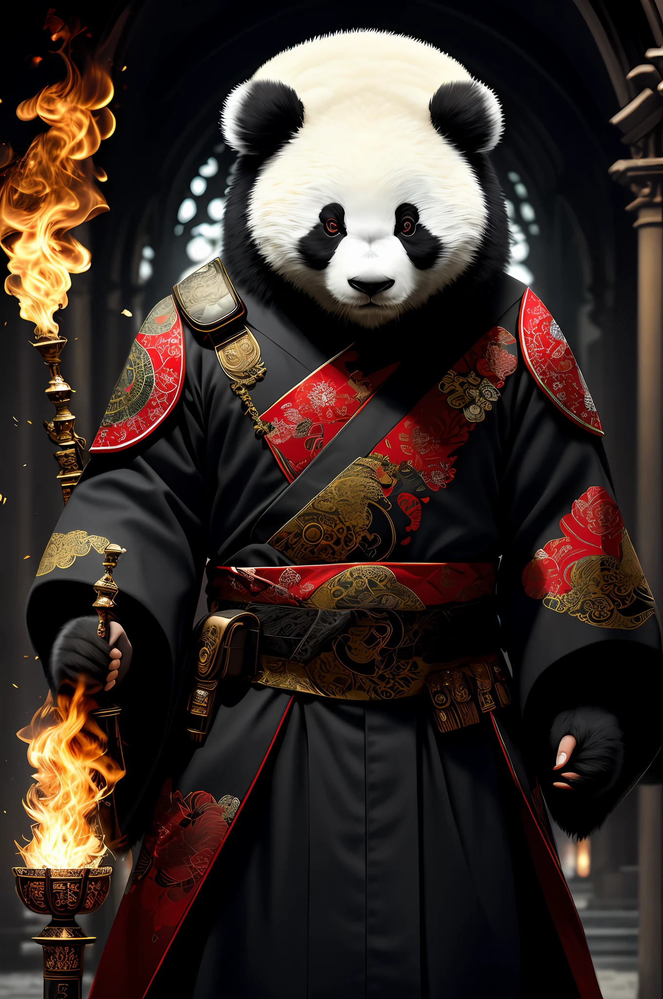 extremely detailed 8k wallpaper), intricate, richly detailed, dramatic, Panda bear with white kimono, ready for combat, Sinister face is drawn with only a pair of red eyes peeking underneath, graphics insanely, light is reflected in the ornaments, bright ashes ooze from the torches in the vaulted passage during the leisurely walk through the gloomy cathedral,  Show the whole person with some distance from the surroundings to get your own license.