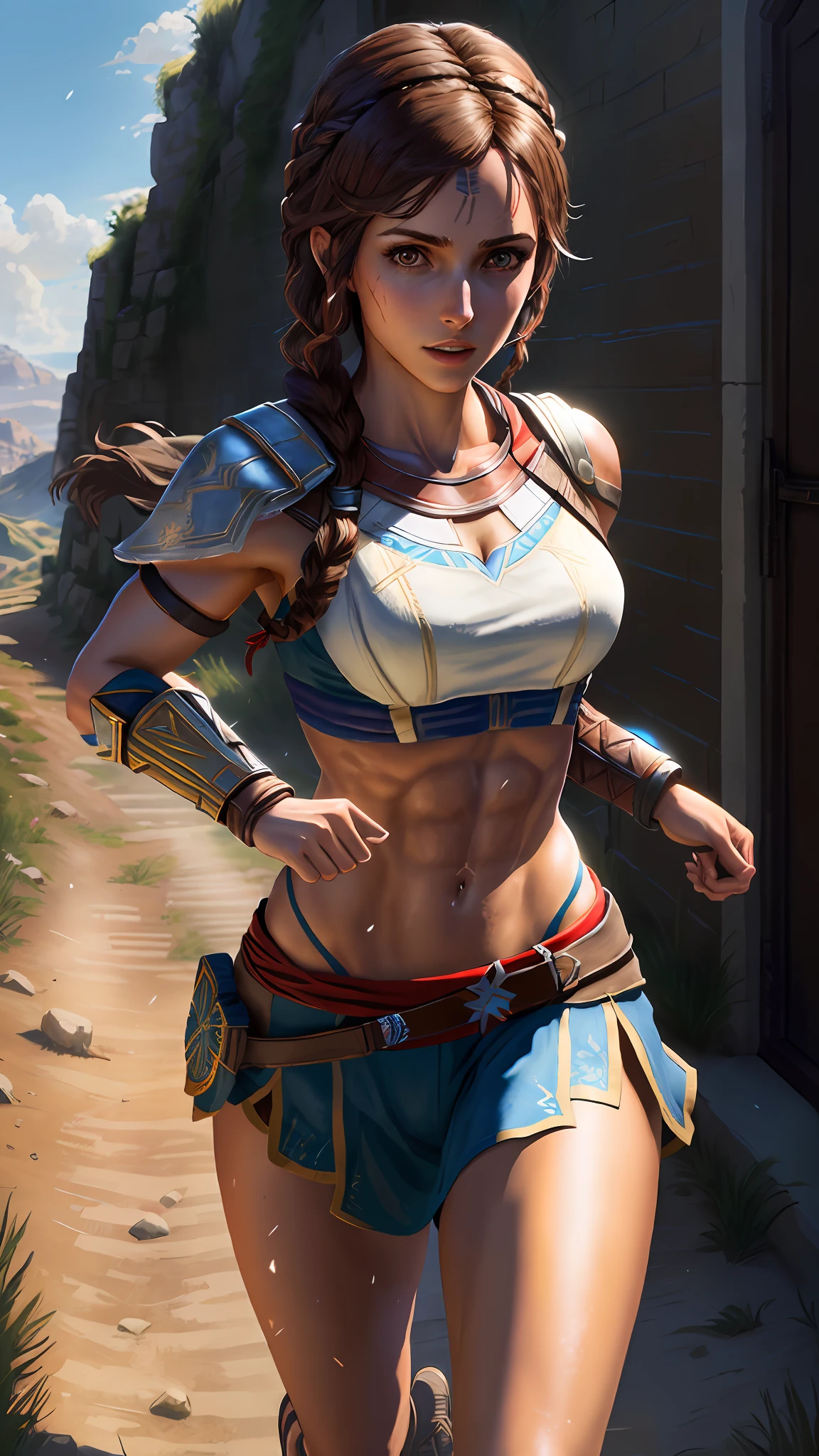 Solo, Kassandra (from assassin's creed oyssey, 1female, stron, toned abs, brown hair with side braids, brown eyes, light brown skin, Greek) running on a hill, sweat. ((masterpiece), best quality, ultra high resolution)
