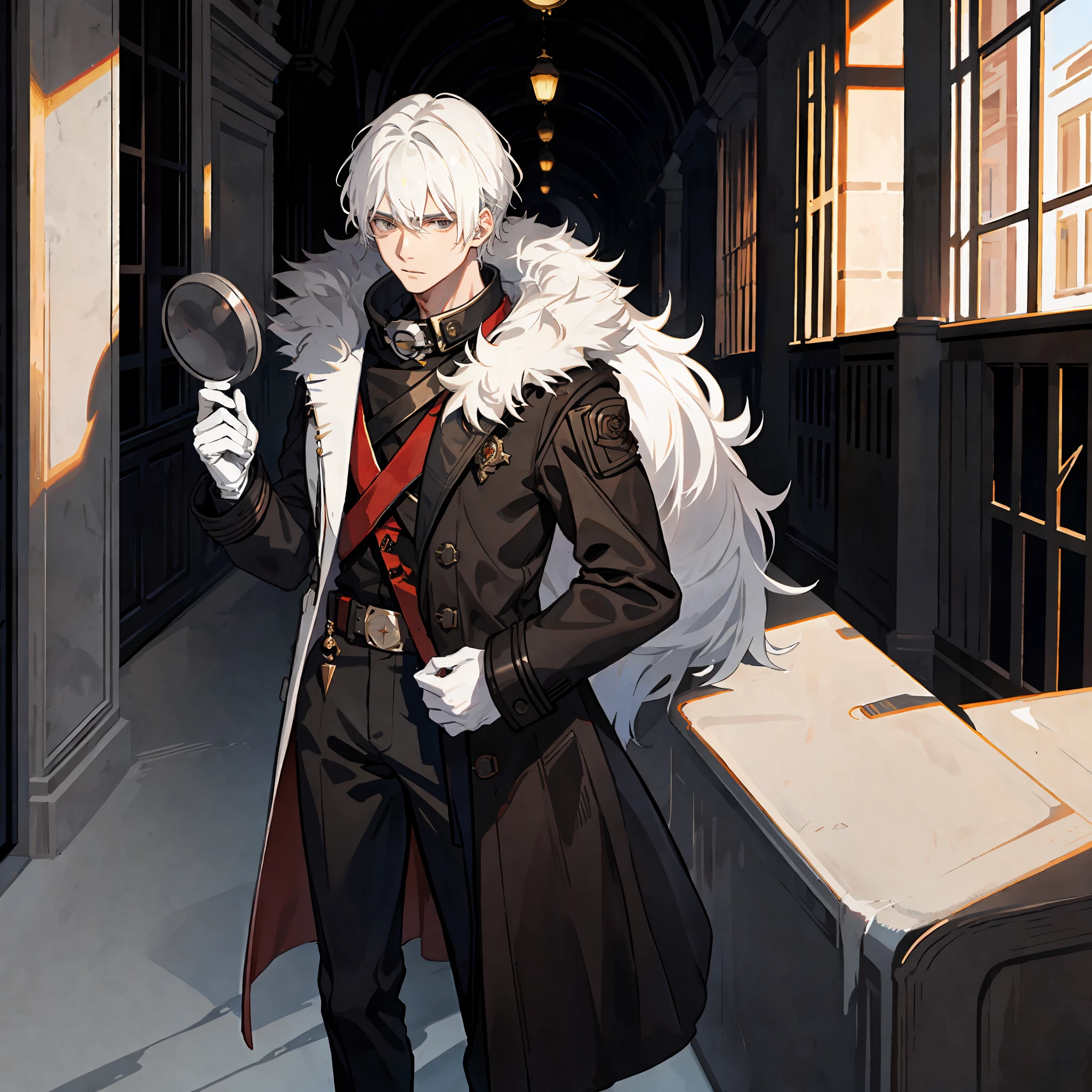 17year old man, White hair, black eyes, body made, wearing a brown coat, alone in art