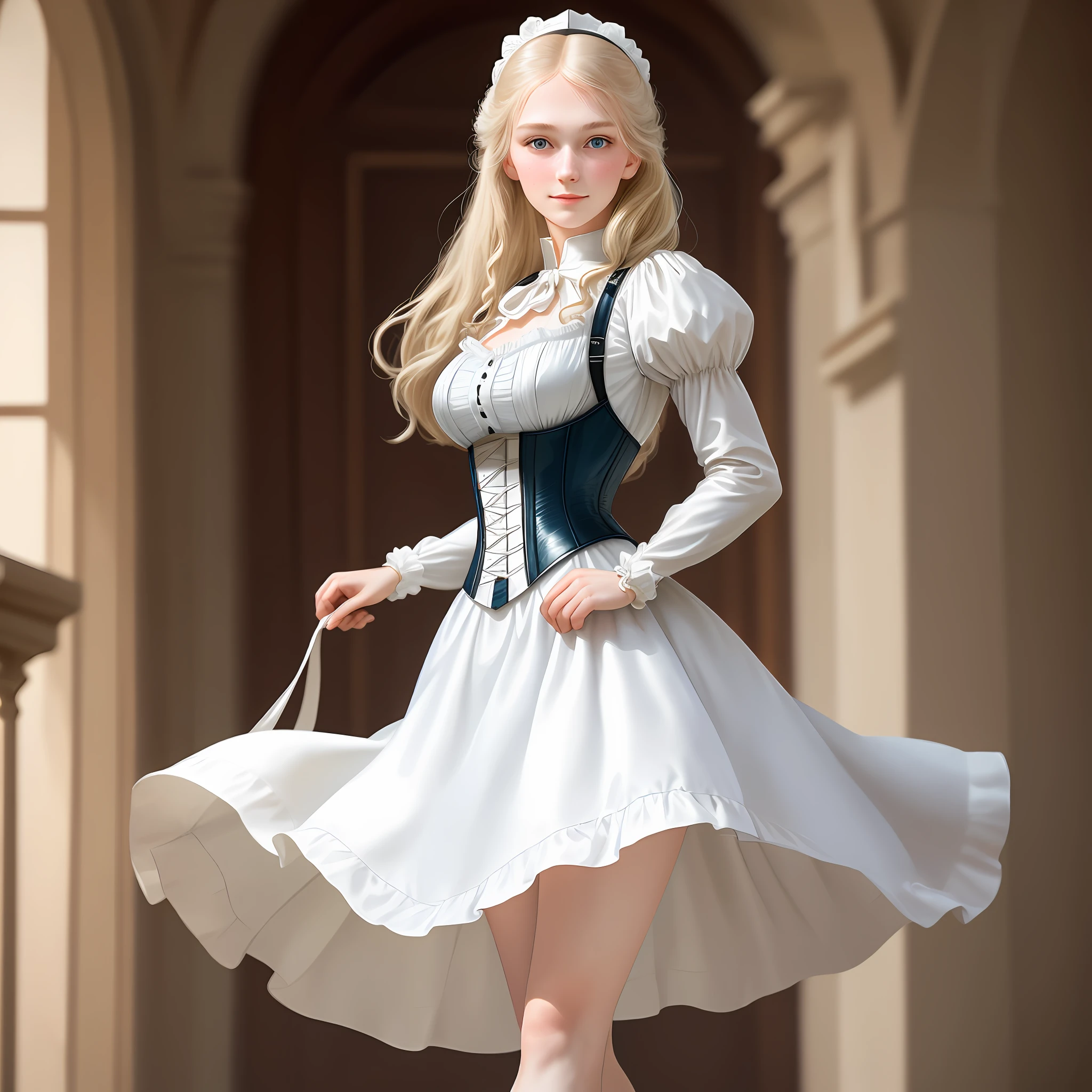 Beautiful 18-year-old girl in England, ((realistic face)), blonde, blue eyes, Florence Nightingale, Victorian, standing up, sweaty, smiling at the camera, (ballet clothes), white formal shirt, loose collar buttons, corset, ribbon, white gloves, white tights, black shoes, nipple bumps, pale skin, long loose hair, noble features, shame, [ Pull up your hair", "Trim your hair by hand], (Delicate illustrations: 1.4), (Renaissance art: 1.4), (Ultra High Resolution: 1.2), (Photorealistic: 1.4), (8K, RAW photos: 1.2), (Soft Focus: 1.4), (18 years old: 1.3), (Sharp Focus: 1.4), Beautiful face with attention to detail, Pure Rose Face_V1, Antique, Impressionist and natural light lighting