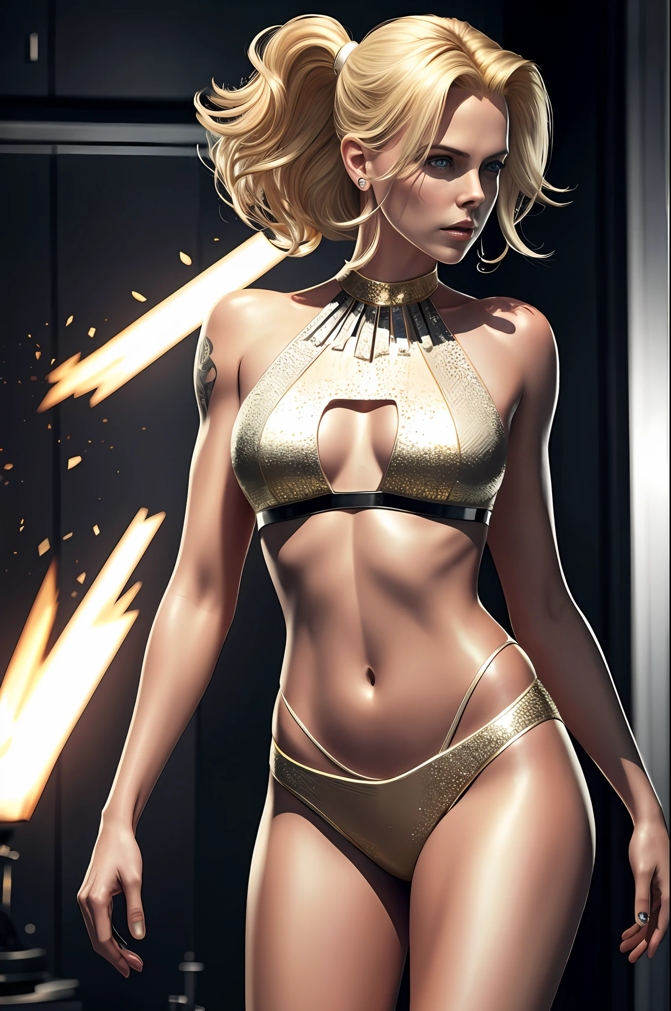 charlize theron with 23 years old long blonde hair (best quality), neckline top with large breasts, big butt, shapely legs, tattoo below navel, (8k, RAW photo, best quality, masterpiece: 1.2), ultra detailed, official art, photo-realistic: 1.37, upper body shot, DC Harley Quinn, film grain, action pose