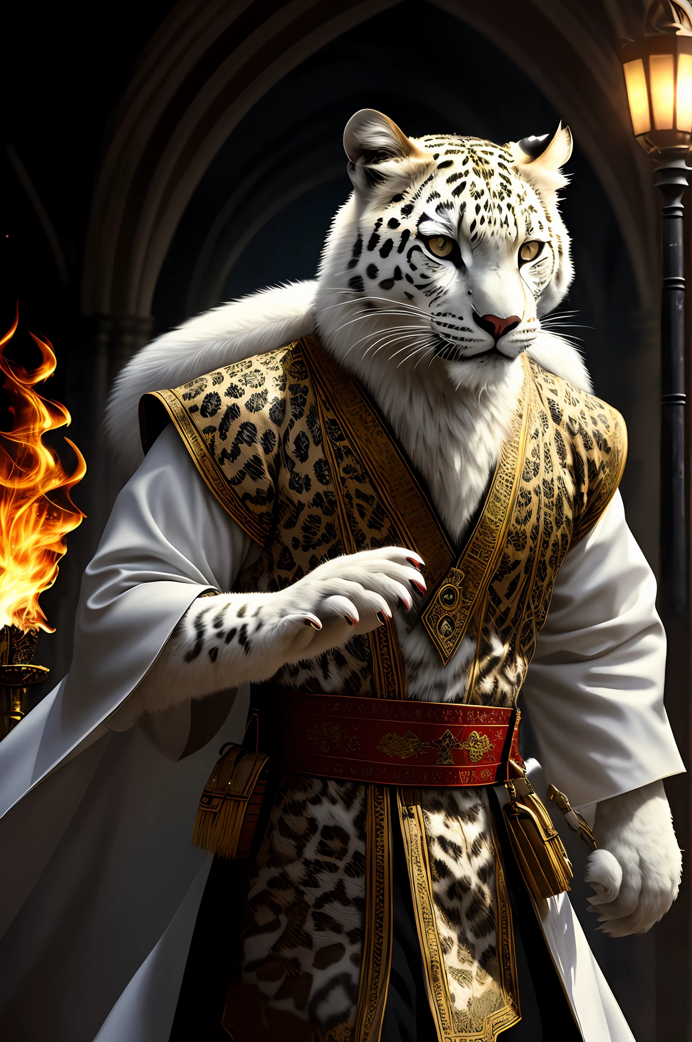 extremely detailed 8k wallpaper), intricate, richly detailed, dramatic, white leopard with white kimono, ready for combat, Sinister face is drawn with only a pair of red eyes peeking underneath, graphics insanely, light is reflected in the ornaments, bright ashes ooze from the torches in the vaulted passage during the leisurely walk through the gloomy cathedral, Show the whole person with some distance from the surroundings to get your own license.