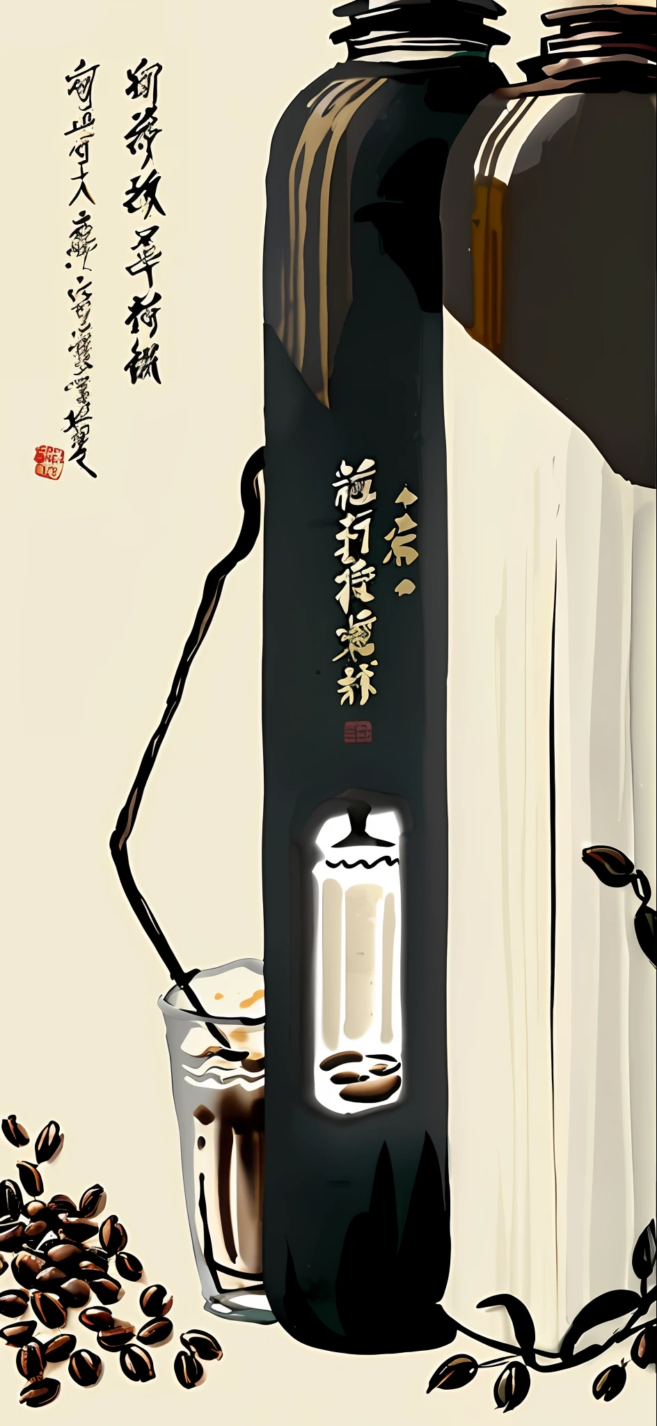 a close up of two bottles of coffee on a white background, product image, product photo, inspired by Cao Zhibai, packaging design, colored milk tea, inspired by Ma Yuanyu, inspired by Wang Mian, official product image, inspired by Luo Mu, iced latte, cold brew coffee ), 4l, inspired by Xiao Yuncong