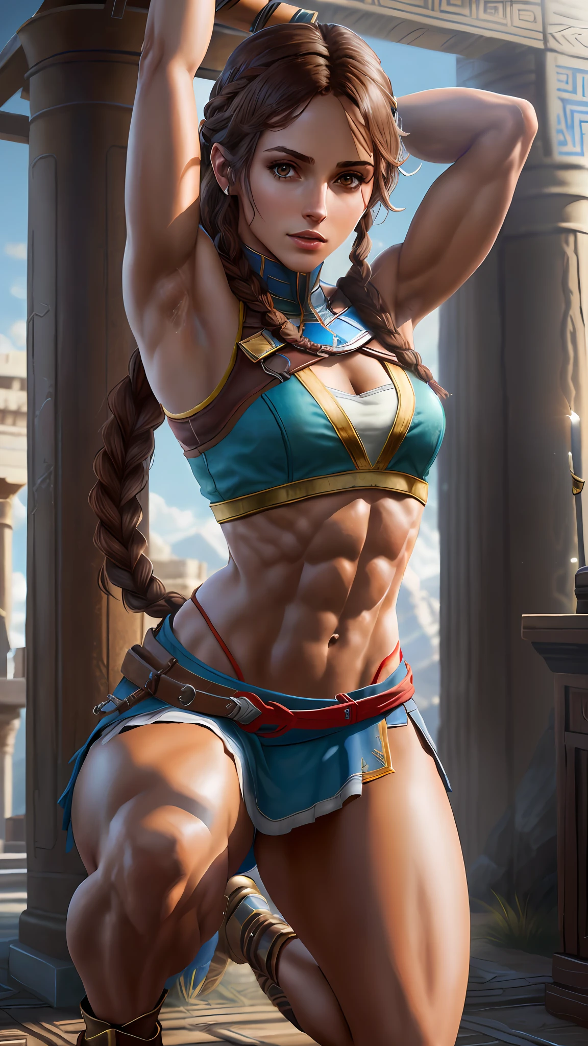 Solo, Kassandra (from assassin's creed oyssey, 1female, stron, toned abs, brown hair with side braids, brown eyes, light brown skin, Greek) squatting with arms up, armpit. ((masterpiece), best quality, ultra high resolution)