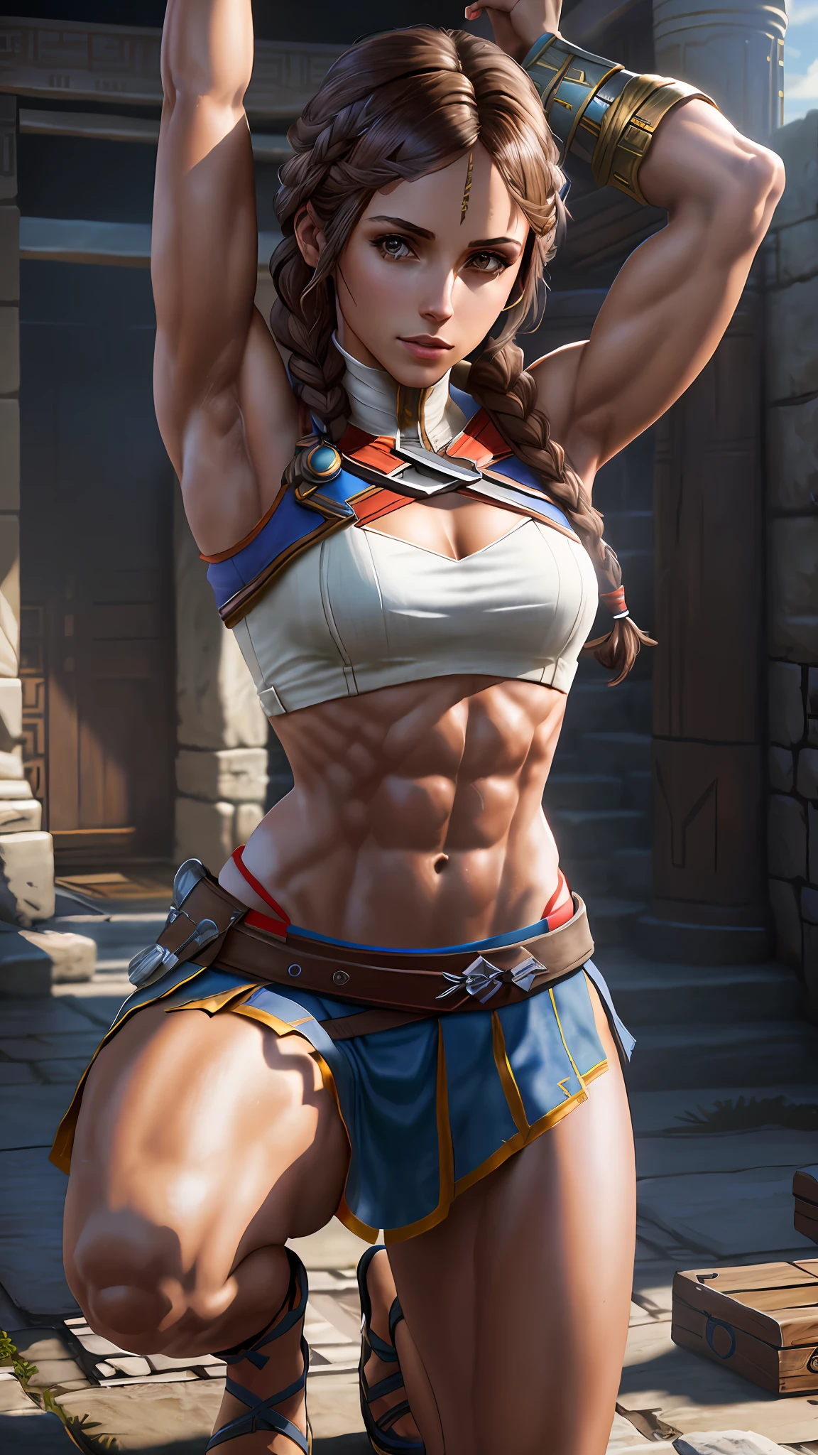 Solo, Kassandra (from assassin's creed oyssey, 1female, stron, toned abs, brown hair with side braids, brown eyes, light brown skin, Greek) squatting with arms up, armpit. ((masterpiece), best quality, ultra high resolution)