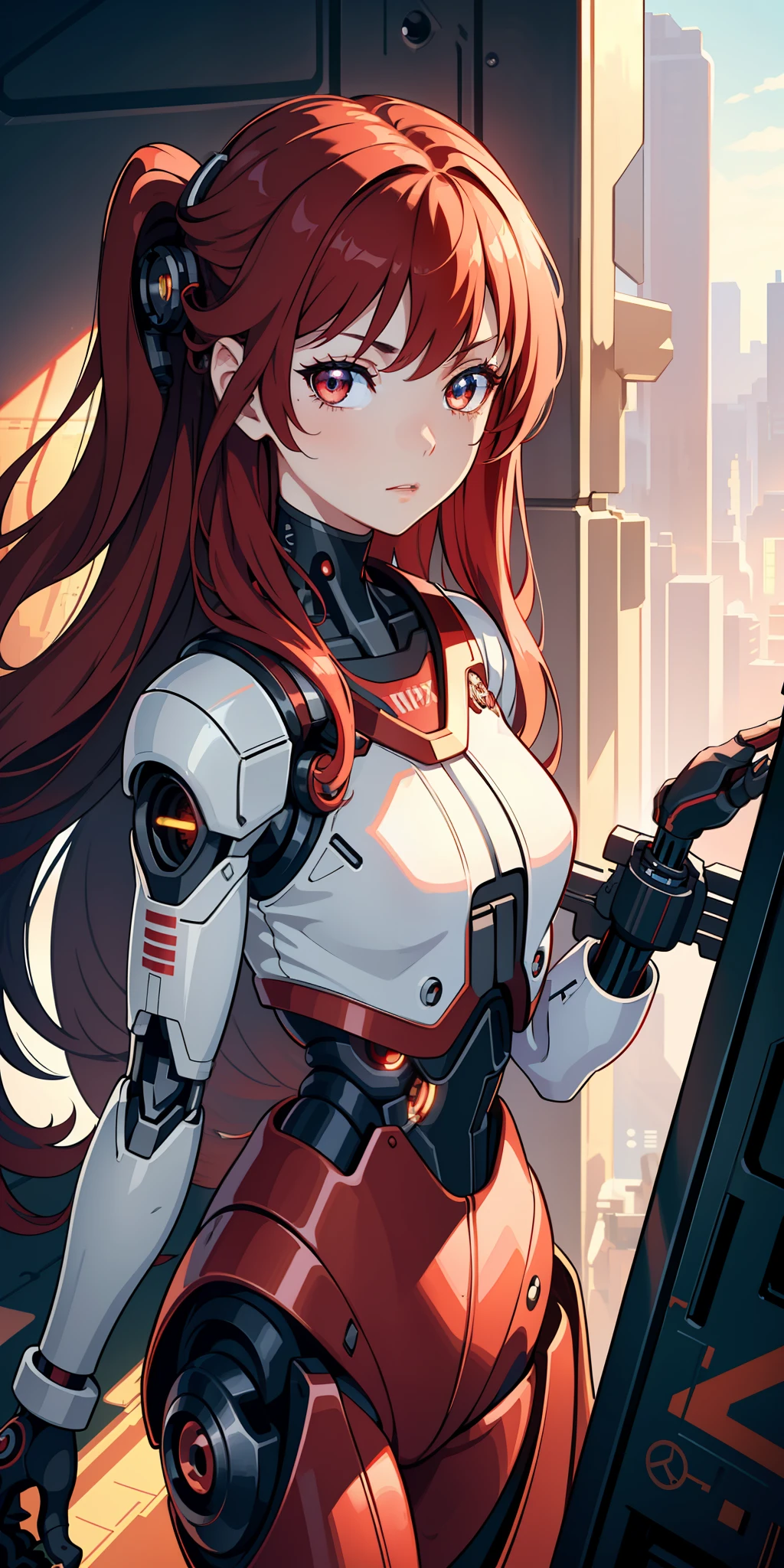 (extremely detailed CG unity 8k wallpaper), (finely detailed beautiful eyes: 1.2), (1 girl), (cyborg:1.3), (high-tech), (long crimson hair:1.2), (anime:1.2), Futurism, depth of field, (masterpiece:1.2), (best quality), 4K, high details