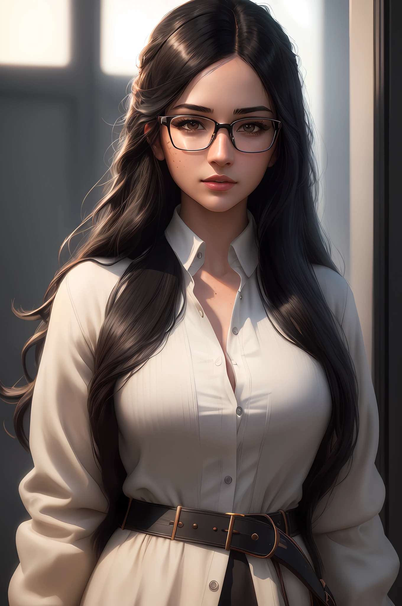 woman with long wavy black hair, black eyes, freckles on face, look sweet, wearing prescription glasses, wearing modern clothes with colors, masterpiece, best quality, highest quality, cinematic lighting, (volumetric lighting), extremely detailed CG 8k wallpaper unit, focused, 8k wallpaper, 4k wallpaper, extremely detailed, ultra realistic, photorealistic, sharp focus,  absurd, (HDR: 1.2), (high contrast), photography, detailed and intricate, instagram, portrait, highly detailed, digital painting, artstation, concept art, smooth, sharp focus, illustration, cinematic lighting,