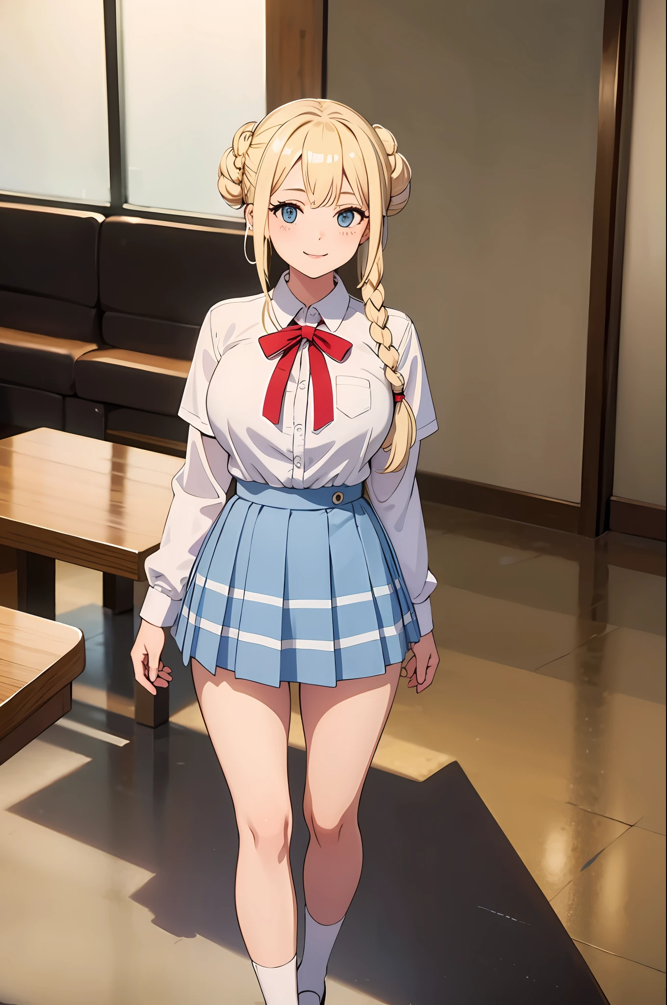 masterpiece, top quality, standing, full-body, soft, ultra-clear, high-definition images, (front), (large breasts), blonde hair, braided buns, schoolgirl, shirt, ribbon, skirt,beautiful, happy, smile