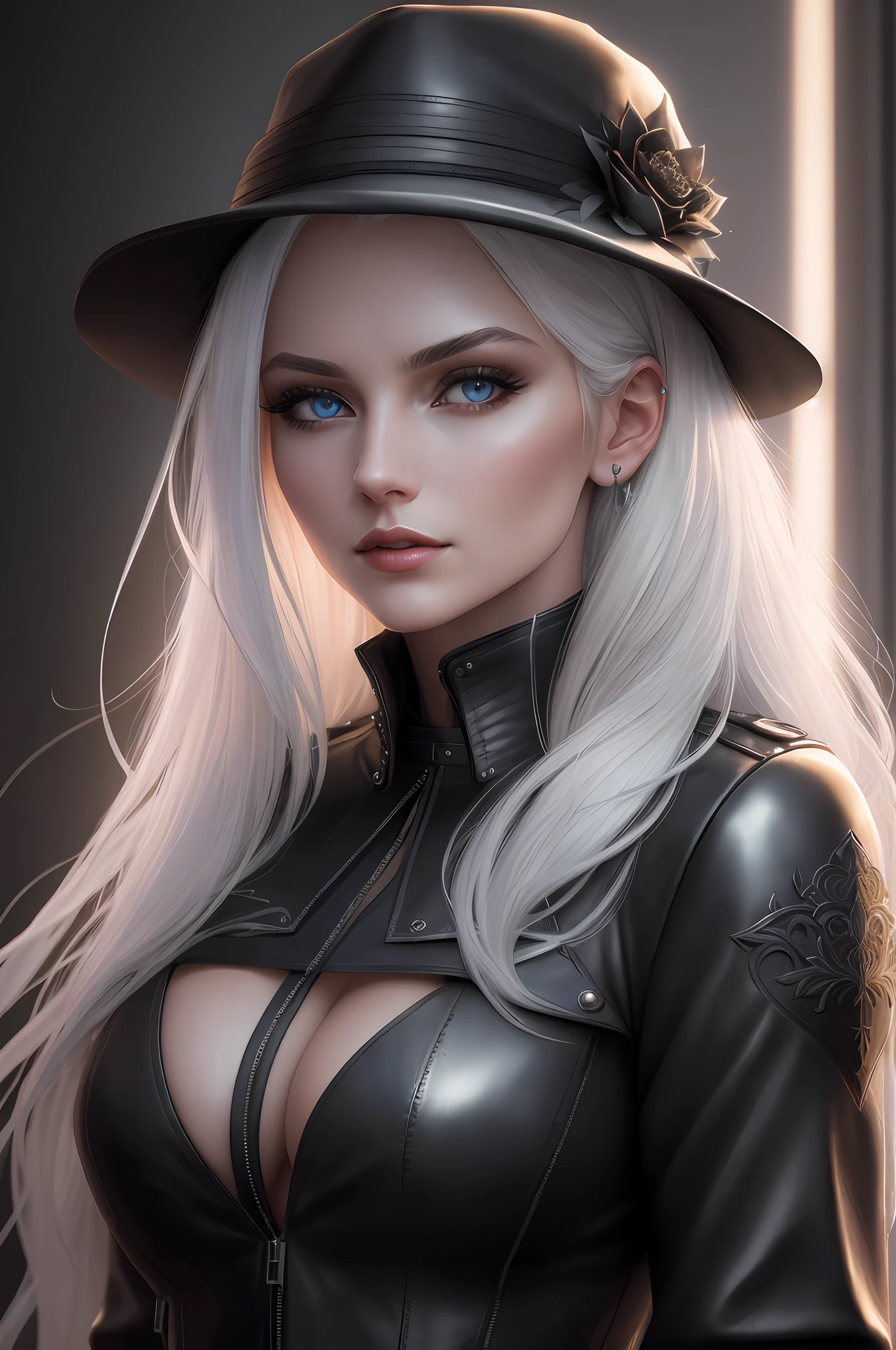 Elegant woman with long white hair, blue eyes, thin face, wearing black leather jacket, blouse with neckline, leather pants, modern gothic style, masterpiece, best quality, highest quality, cinematic lighting, (volumetric lighting), extremely detailed CG 8k wallpaper unit, focused, 8k wallpaper, 4k wallpaper, extremely detailed, ultra realistic, photorealistic, sharp focus, absurd, (HDR: 1.2), (high contrast), photography, detailed and intricate, instagram, portrait, highly detailed, digital painting, artstation, concept art, smooth, sharp focus, illustration, cinematic lighting,
