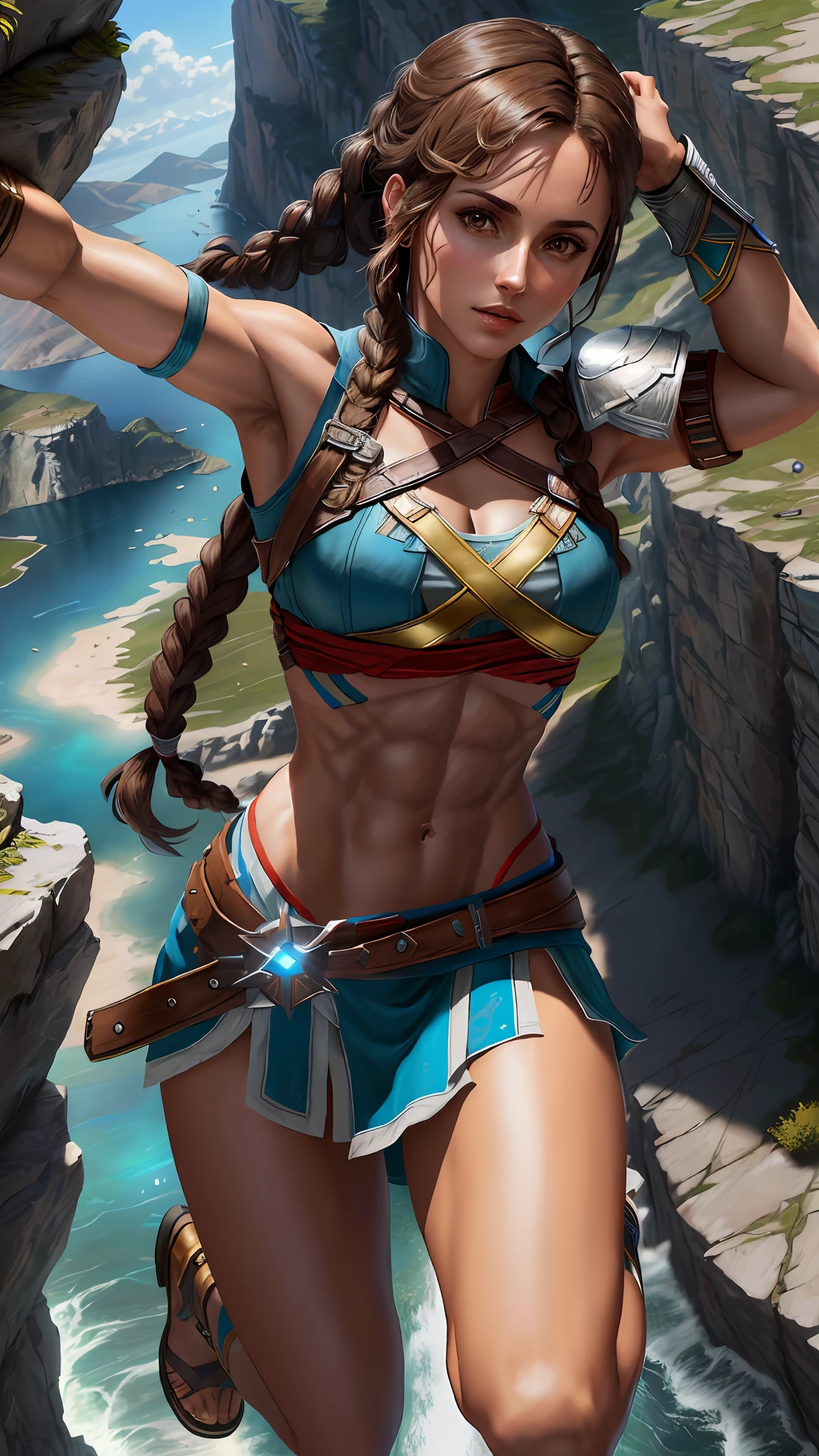 Solo, Kassandra (from assassin's creed oyssey, 1female, stron, toned abs, brown hair with side braids, brown eyes, light brown skin, Greek) jumping from a cliff into a lake. ((masterpiece), best quality, ultra high resolution)