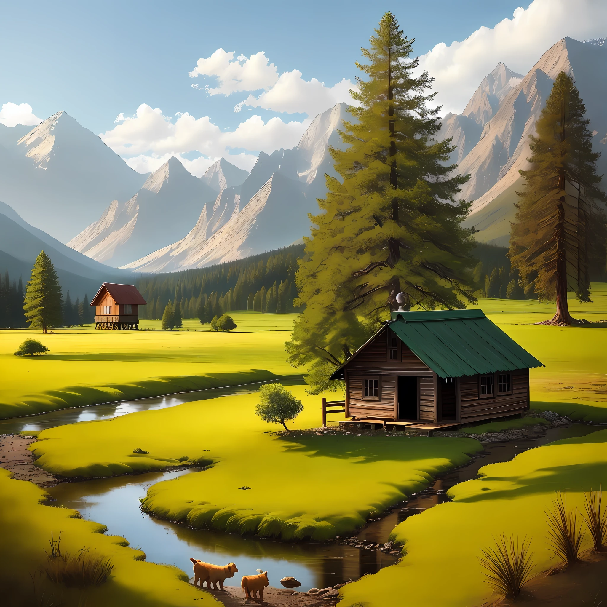 Creek, small hut, meadow, big tree, puppy