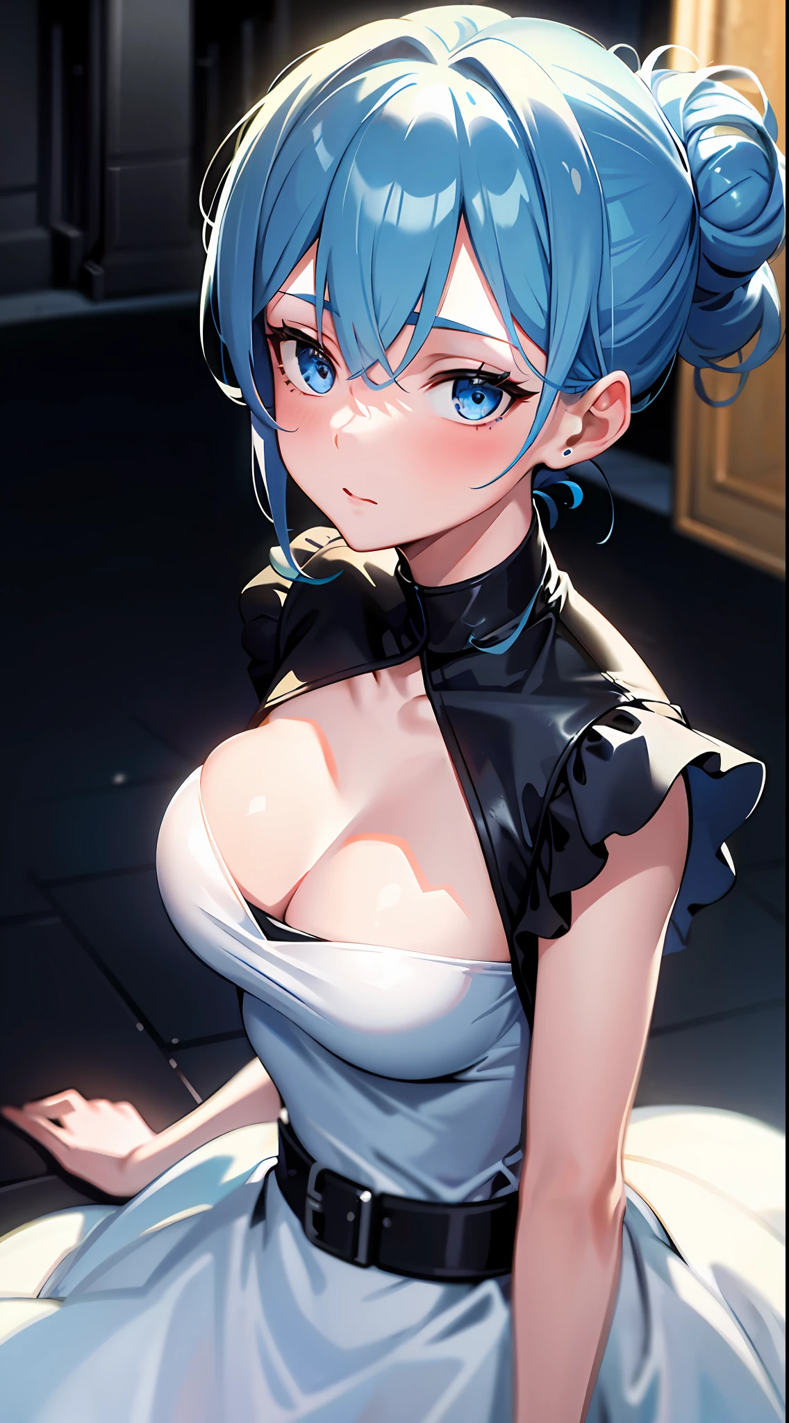 ((masterpiece)), (best quality), (detailed), (1girl), blue hair, blue eyes, updo, white shirt, black dress, looking down on the audience