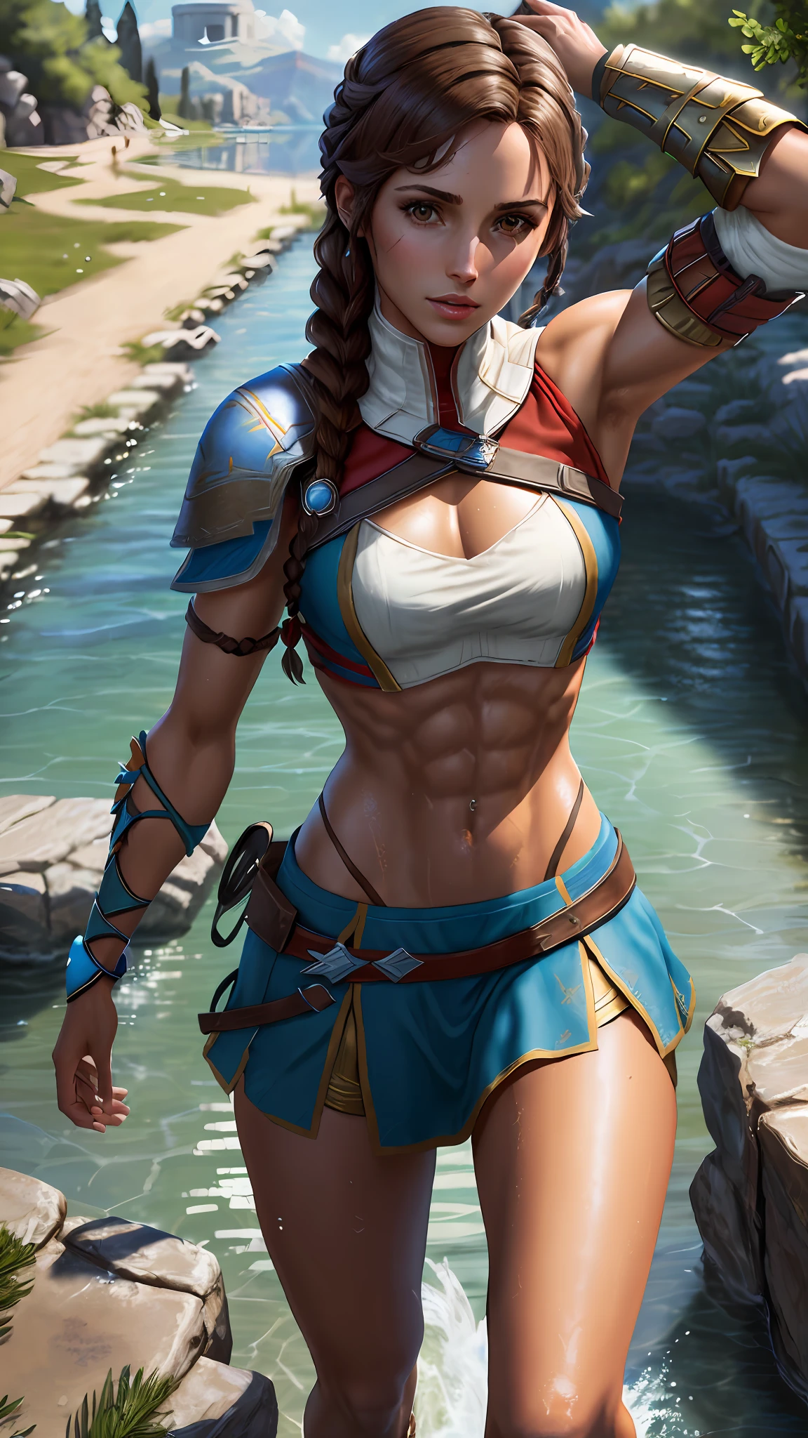 Solo, Kassandra (from assassin's creed oyssey, 1female, stron, toned abs, brown hair with side braids, brown eyes, light brown skin, Greek) having fum in a lake, wet. ((masterpiece), best quality, ultra high resolution)