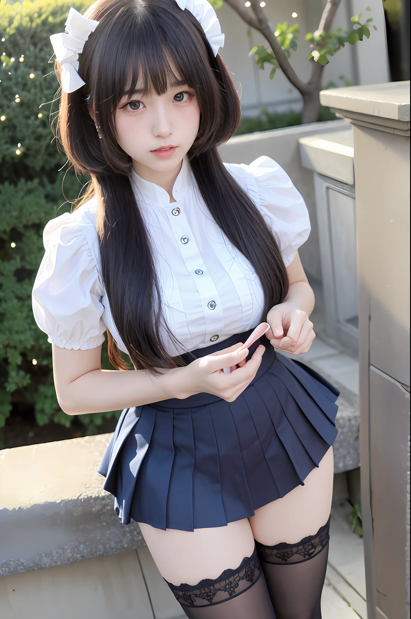 (8k, original photo processing, best quality, masterpiece: 1.2, thighs,), (realistic, realistic, photo realistic: 1.37), ultra-detailed,
Beautiful and delicate eyes, beautiful delicate nose, huge, JK uniform, pleated skirt, stockings