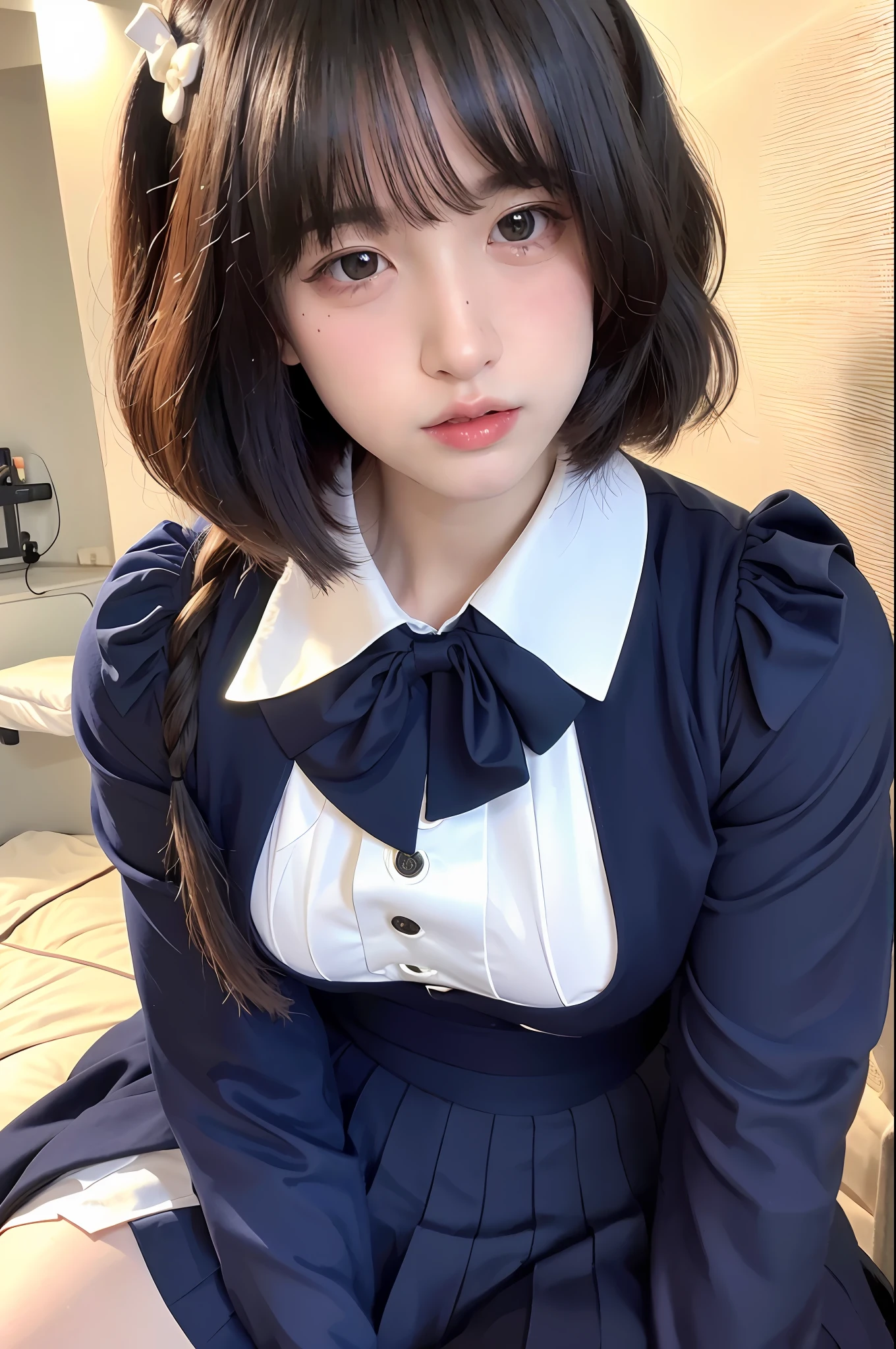 (8k, original photo processing, best quality, masterpiece: 1.2, thighs,), (realistic, realistic, photo realistic: 1.37), ultra-detailed,
Beautiful and delicate eyes, beautiful delicate nose, huge, JK uniform, pleated skirt, stockings