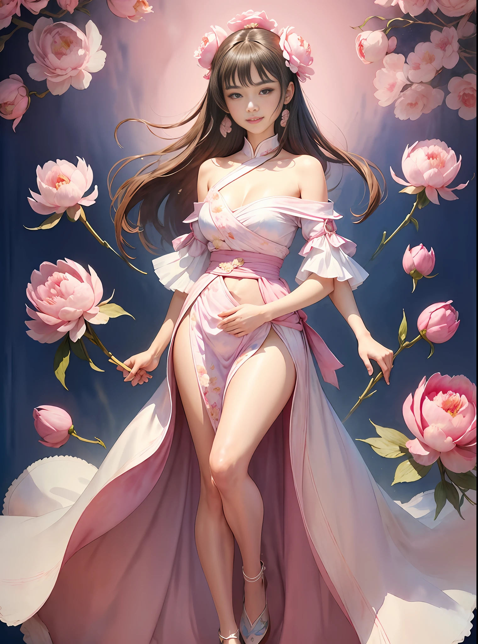 1girl, (full body),((upper body human, lower body resembling a horse waist up)), smile, beautiful lighting, best quality, masterpiece, ultra highres, photorealistic (watercolor style:1.3), (peony blossom background:1.4), wearing an elegant off-shoulder blue and white porcelain Hanfu gown,