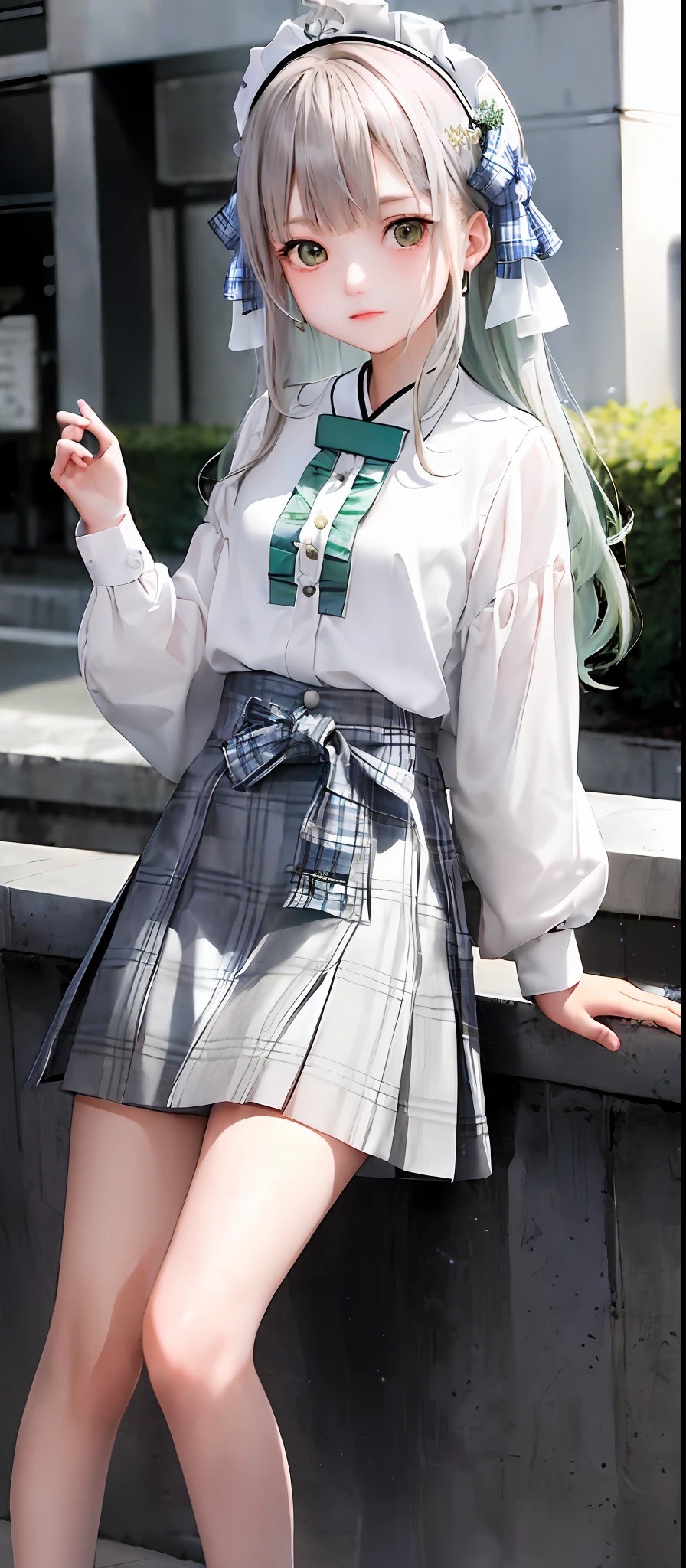 1girl, (masterpiece:1.1), (best quality:1.1), (white blouse:1.1), (plaid skirt:1.1), hanfu, break [blue:pink:0.5] theme, (Urban Background: 1.1), denim lens, break silver, long hair, green eyes, delicate headdress, sideways,