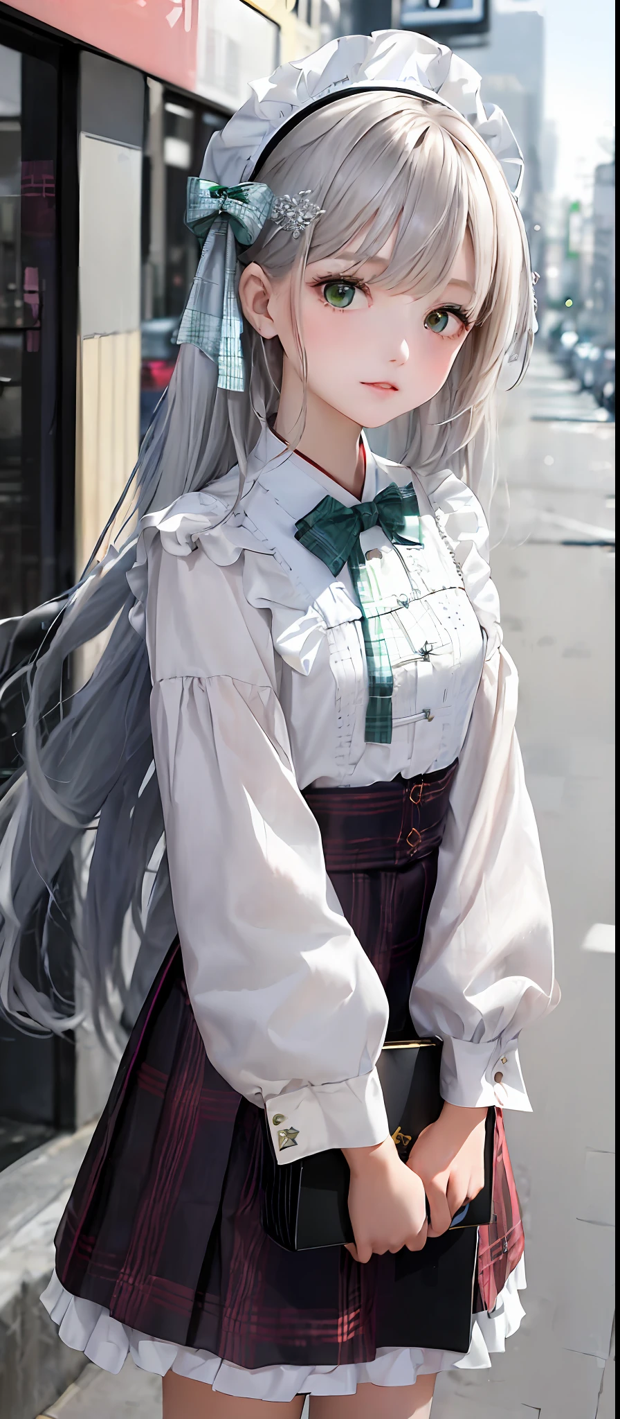 1girl, (masterpiece:1.1), (best quality:1.1), (white blouse:1.1), (plaid skirt:1.1), hanfu, break [blue:pink:0.5] theme, (Urban Background: 1.1), denim lens, break silver, long hair, green eyes, delicate headdress, sideways,