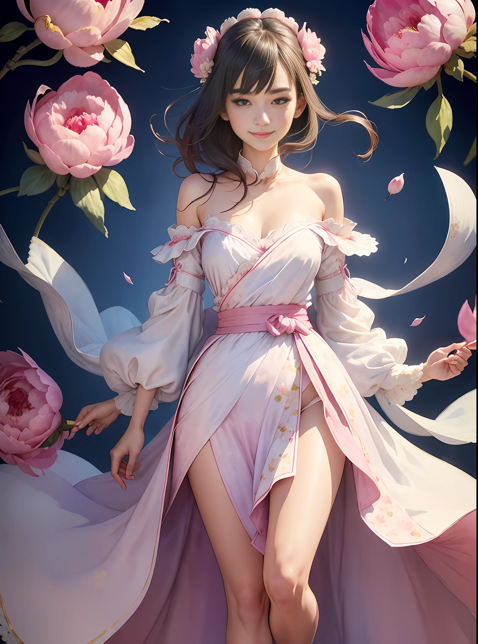 1girl, (full body),((upper body human, lower body resembling a horse waist up)), smile, beautiful lighting, best quality, masterpiece, ultra highres, photorealistic (watercolor style:1.3), (peony blossom background:1.4), wearing an elegant off-shoulder blue and white porcelain Hanfu gown,