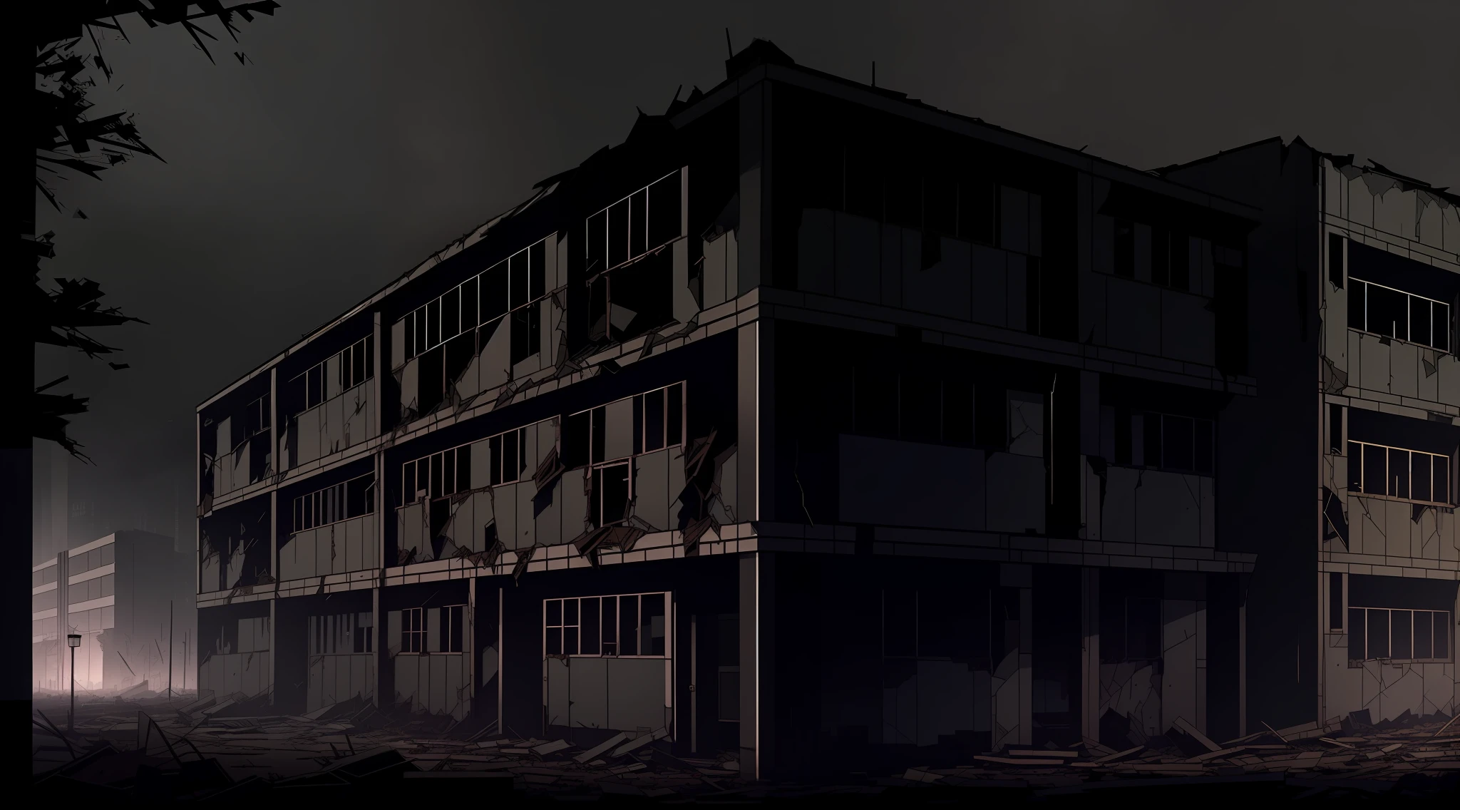 there is a building that has a bunch of windows on it, set in post apocalyptic tokyo, damaged buildings, wrecked buildings, post apocalyptic building, post apocalyptic tokyo, broken buildings, [[empty warehouse]] background, cinematic establishing shot, style of madhouse studio anime, dark building, screenshot from guro anime, post apocalyptic city building, style of madhouse anime