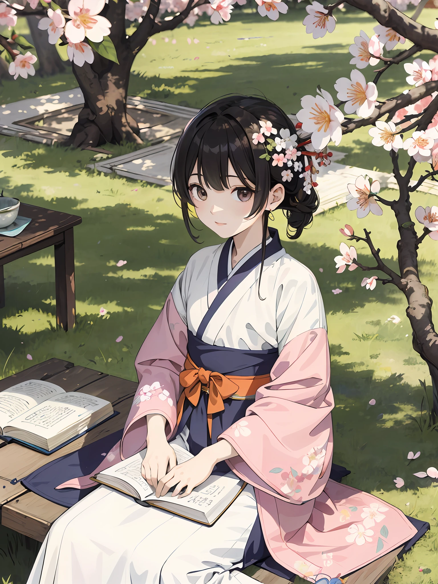 absurdres, highres, ultra detailed, (1girl:1.3), hand drawn, simple line, a 11yo boy in colorful Hanfu, sitting under the peach blossom tree, masterpiece, sunny day, reading book