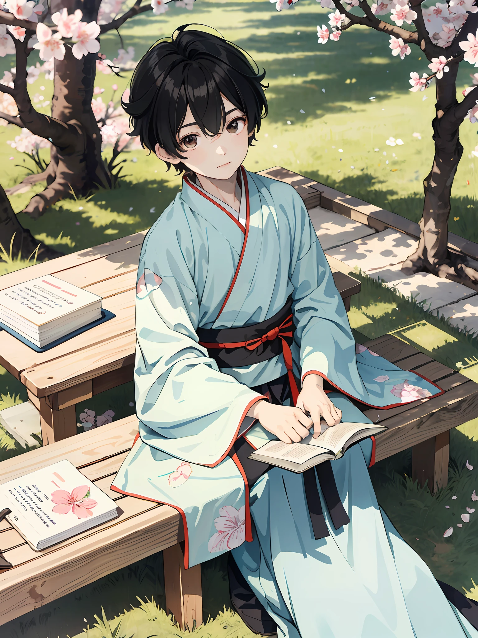absurdres, highres, ultra detailed, (1boy:1.3), hand drawn, simple line, a 11yo boy in colorful Hanfu, sitting under the peach blossom tree, masterpiece, sunny day, reading book