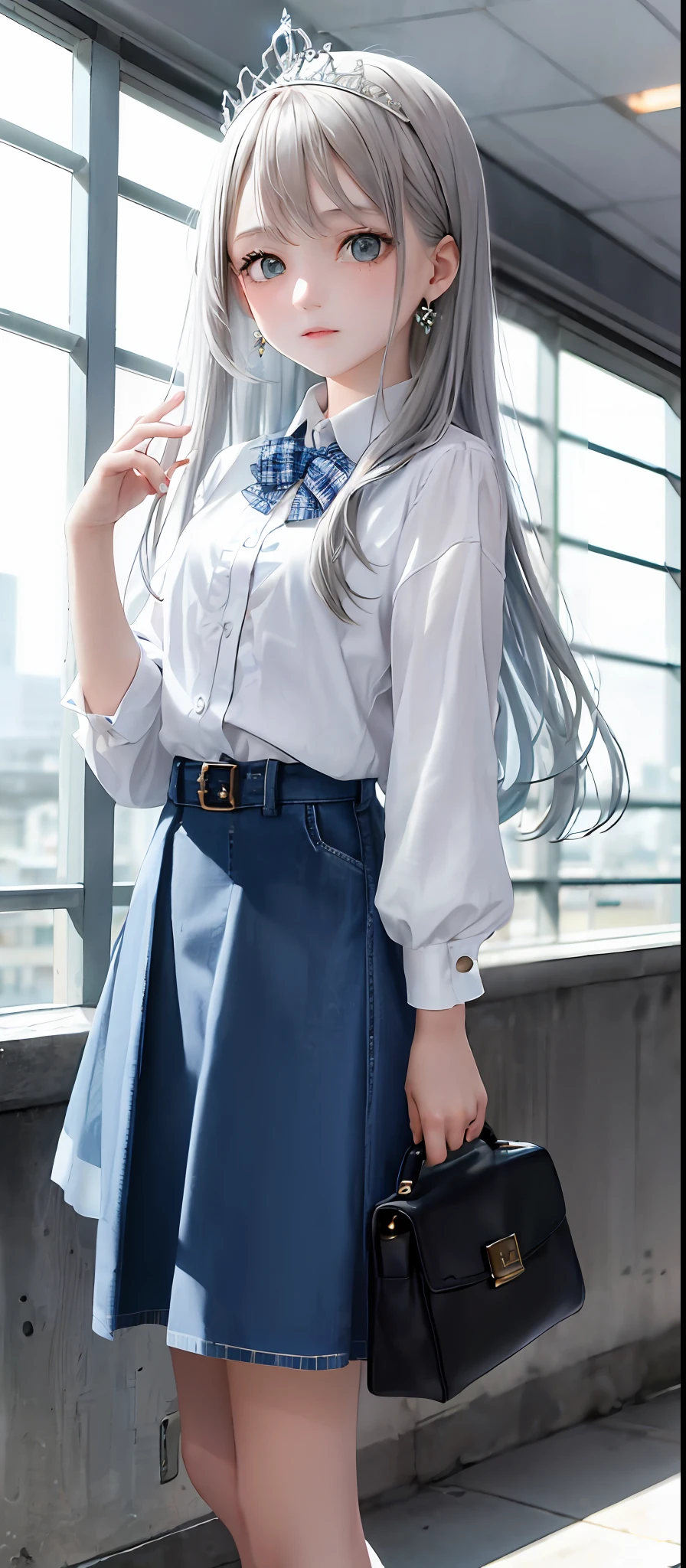 1girl, (masterpiece:1.1), (best quality:1.1), (white blouse:1.1), (plaid skirt:1.1), school uniform, high waist skirt, BREAK [blue:pink:0.5] theme, (Urban Background: 1.1), denim lens, break silver, long hair, green eyes, delicate tiara, sideways,