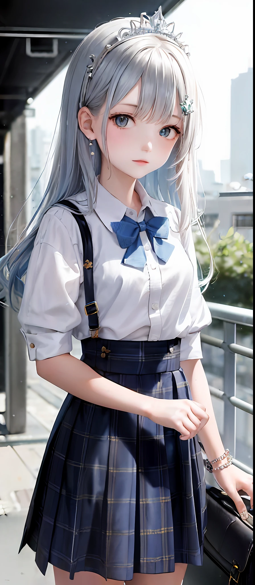 1girl, (masterpiece:1.1), (best quality:1.1), (white blouse:1.1), (plaid skirt:1.1), school uniform, high waist skirt, BREAK [blue:pink:0.5] theme, (Urban Background: 1.1), denim lens, break silver, long hair, green eyes, delicate tiara, sideways,