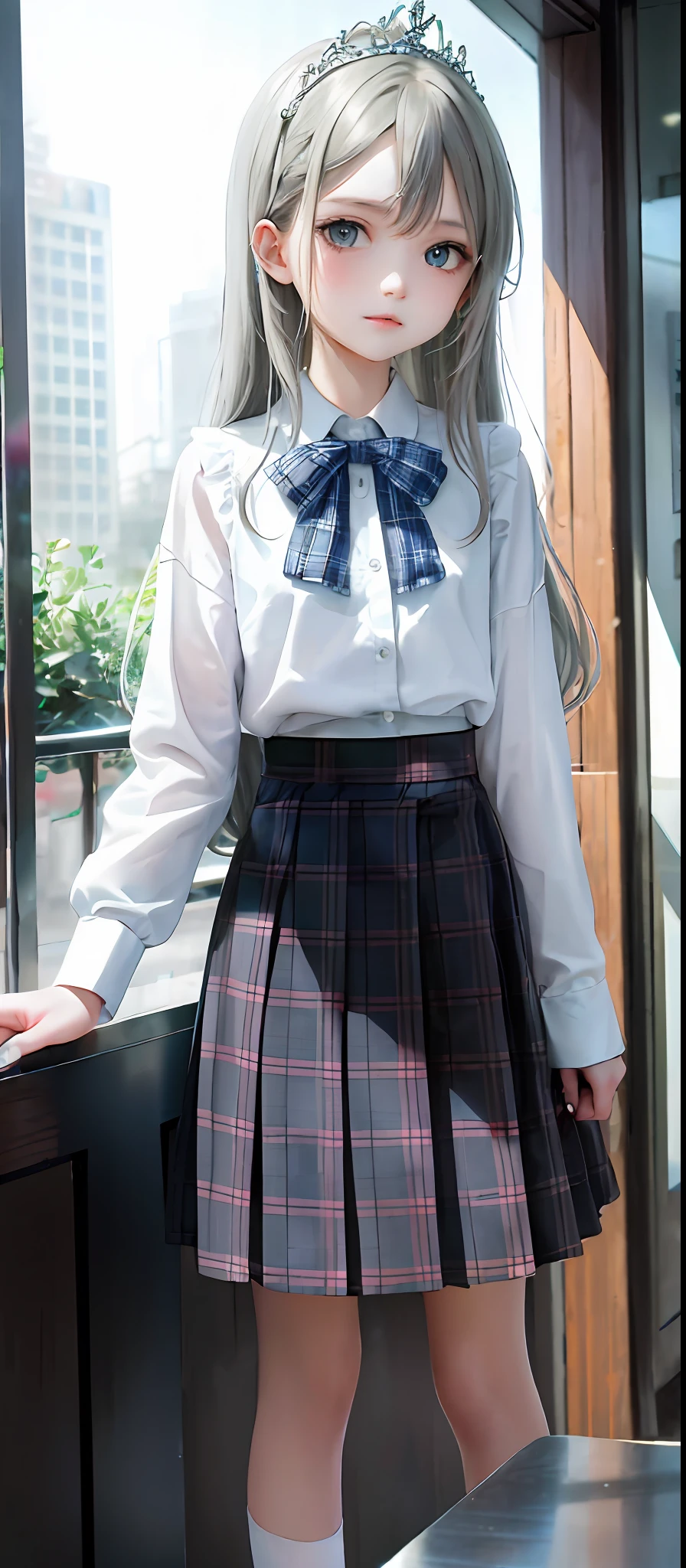 1girl, (masterpiece:1.1), (best quality:1.1), (white blouse:1.1), (plaid skirt:1.1), school uniform, high waist skirt, BREAK [blue:pink:0.5] theme, (Urban Background: 1.1), denim lens, break silver, long hair, green eyes, delicate tiara, sideways,