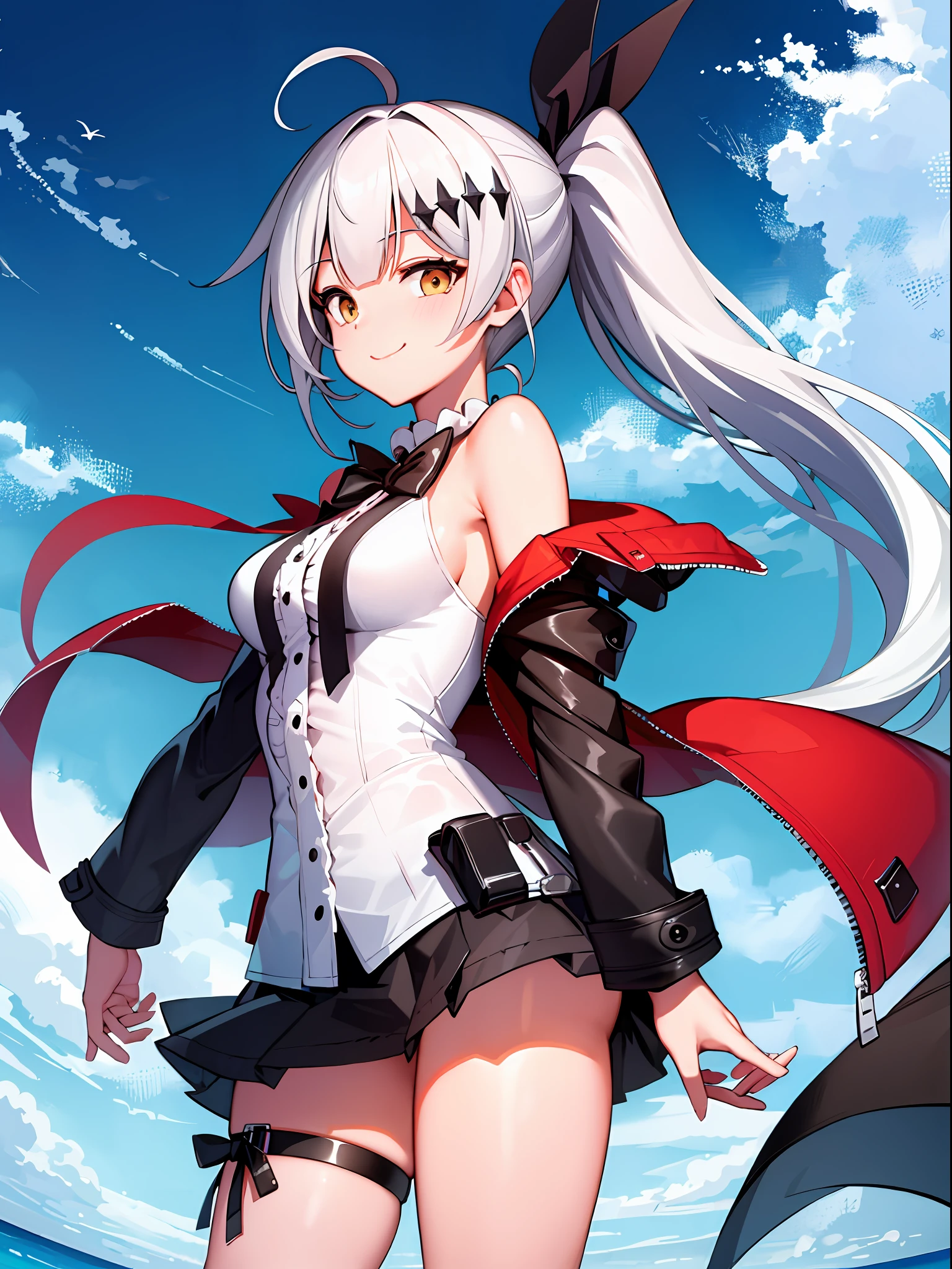 (masterpiece), (best quality), ((high resolution)), fiveseven, long ponytail, wool jacket off the shoulder, black pleated skirt, smile, (thigh strap, skin dentation)