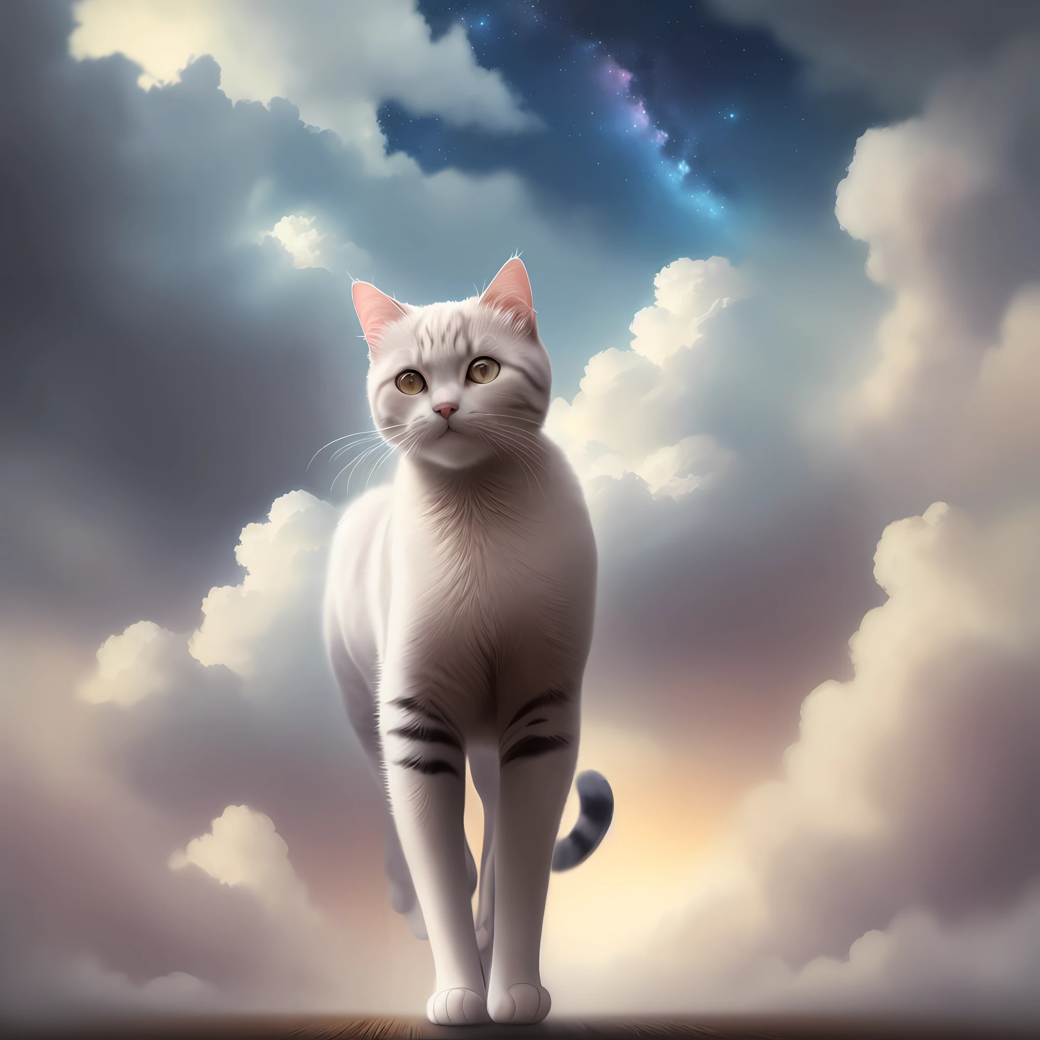 cat walking in the clouds (masterpiece quality, best quality, ultra-detailed), magical, smooth, dreamy, floating, starry sky, bottom-up perspective, soft focus, soft light, soft clouds, subtle details.