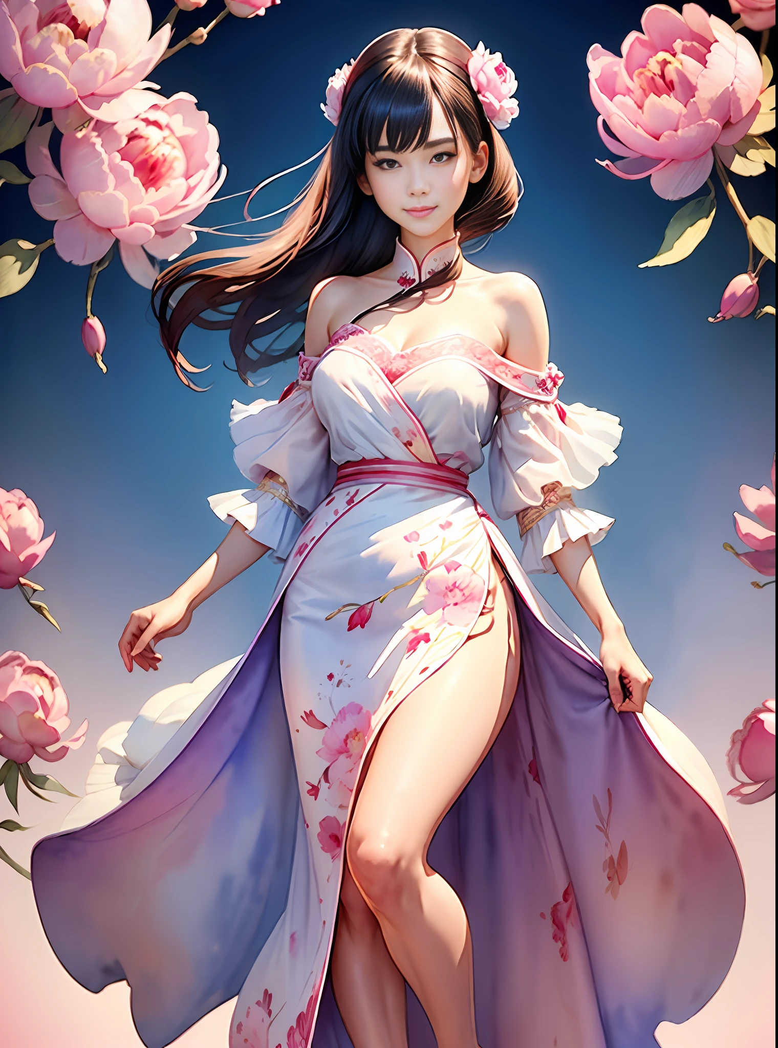 1girl, (full body),((upper body human, lower body resembling a horse waist up)), smile, beautiful lighting, best quality, masterpiece, ultra highres, photorealistic (watercolor style:1.3), (peony blossom background:1.4), wearing an elegant off-shoulder blue and white porcelain Hanfu gown,