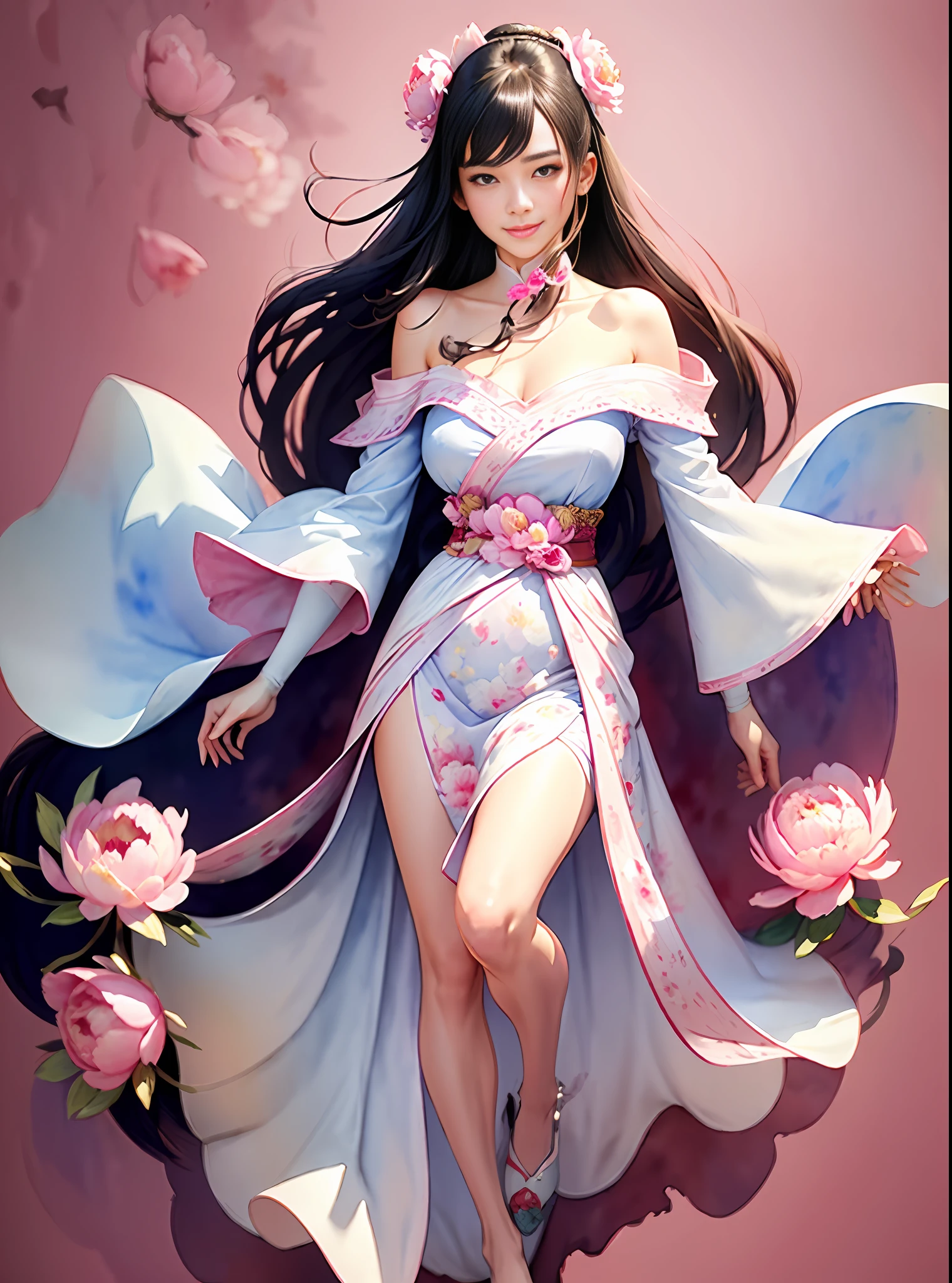 1girl, (full body),((upper body human, lower body resembling a horse waist up)), smile, beautiful lighting, best quality, masterpiece, ultra highres, photorealistic (watercolor style:1.3), (peony blossom background:1.4), wearing an elegant off-shoulder blue and white porcelain Hanfu gown,