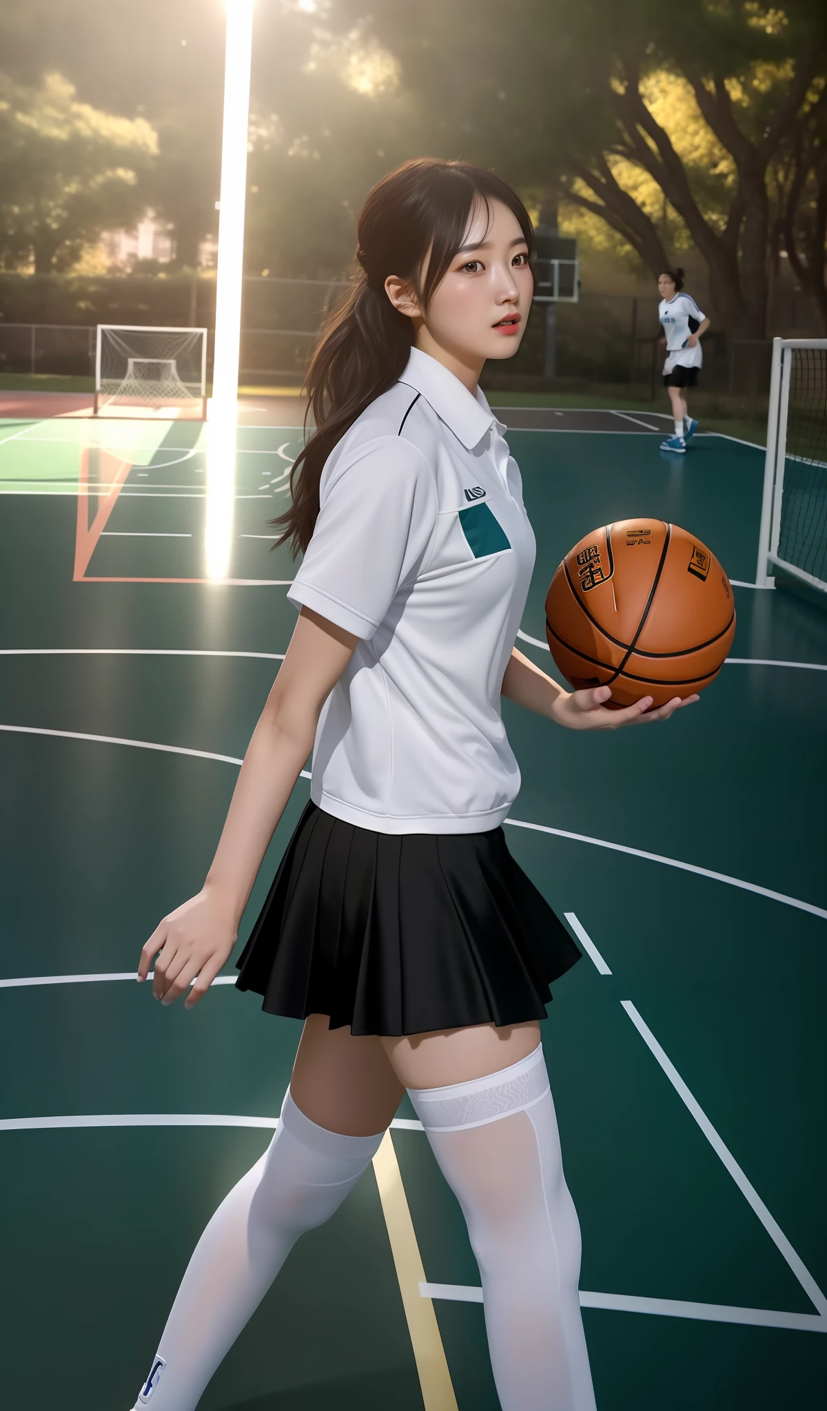 (ultra-detailed CG unity 8k wallpaper,masterpiece, stunning illustration of a)女球员, (best illumination, best shadows, extremely delicate and beautiful), (1girl), (running, dribbling, shooting, holding the ball), (basketball uniform, skirt, football shirt), (hip and leg shots, surrealist style), (black stockings, beautiful legs), on a basketball court.