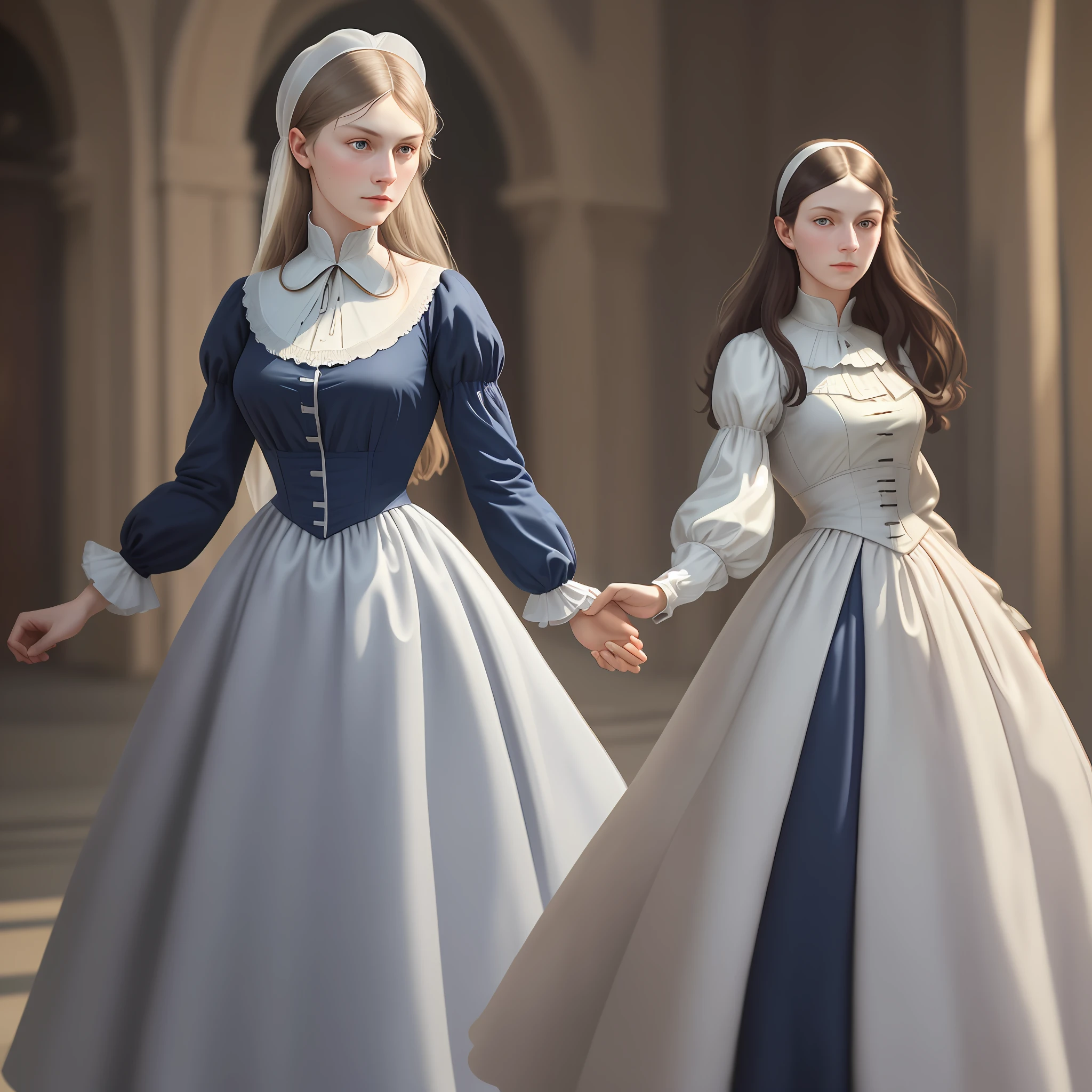 Florence Nightingale, [Realistic Facial Features and Proportions], (ballet clothes), Standing Up, Standing in the center of the camera, Facing the camera, Shy, Blue formal shirt, loose collar buttons, nipple bumps, Long loose hair, White gloves, White tights (Delicate illustration: 1.4), (Renaissance Art: 1.4), (Ultra High Definition: 1.2), ( Photorealistic: 1.4), (8K, RAW photo: 1.2), (soft focus: 1.4), (18 years old: 1.3), (sharp focus: 1.4), beautiful face with attention to detail, pure rose face_V1